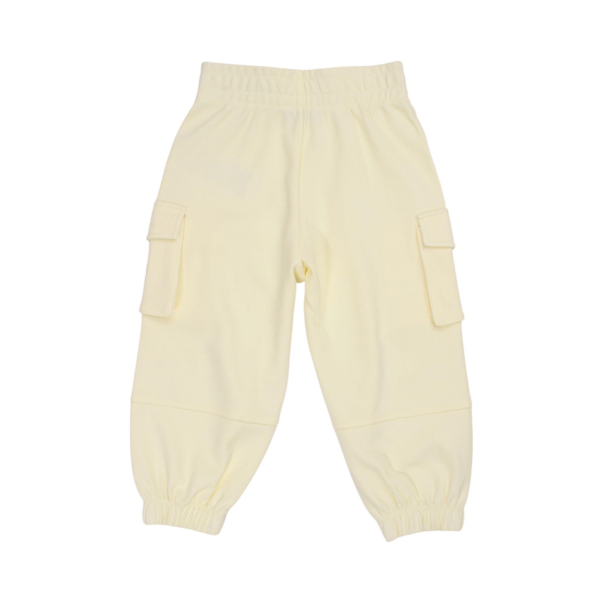 Off-white soft knit jogging suit pants with an elasticated waist, two cargo pockets with flaps, and elasticated ankle cuffs.