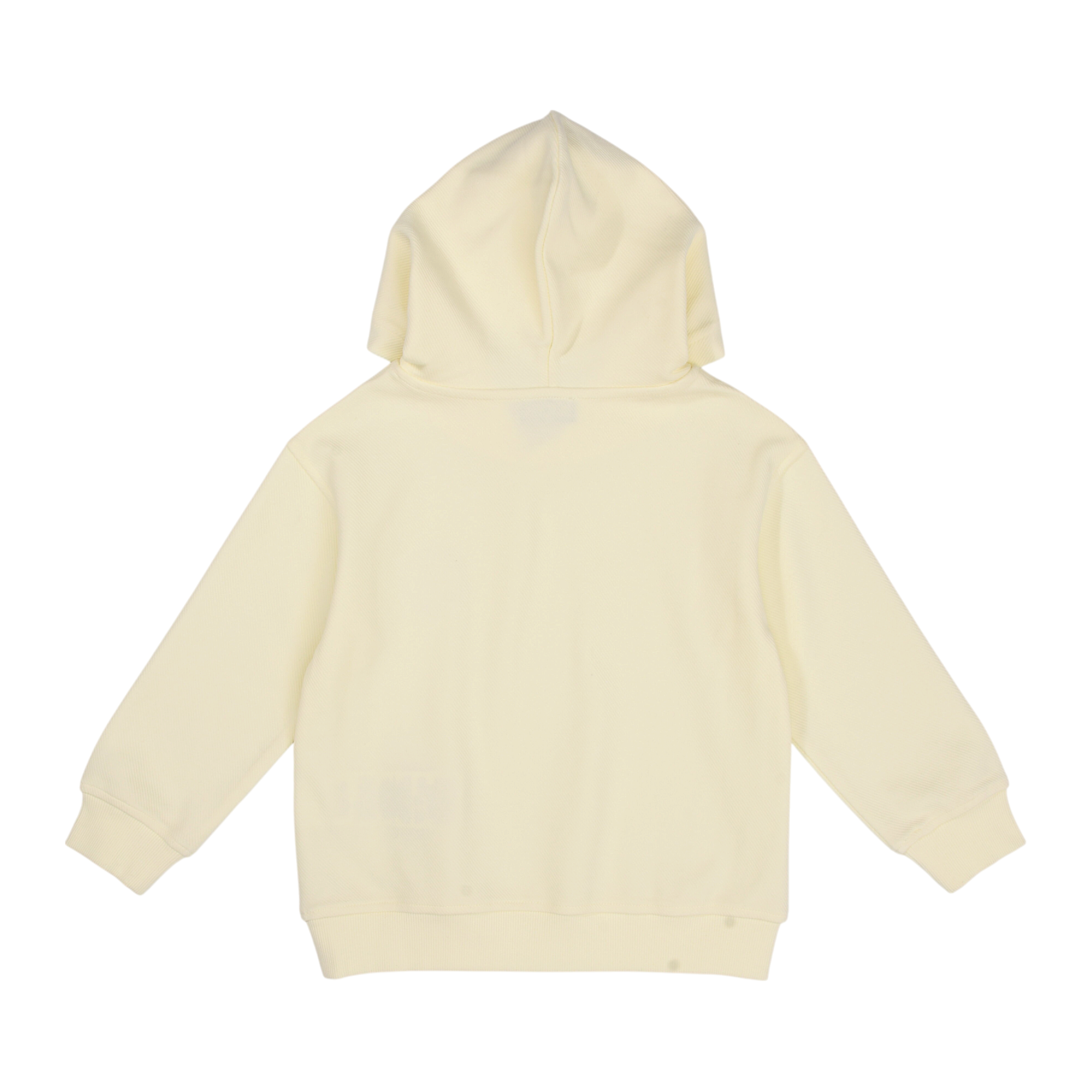 Off-white fleece hoodie with long sleeves, ribbed cuffs, and a ribbed hem, viewed from the back.