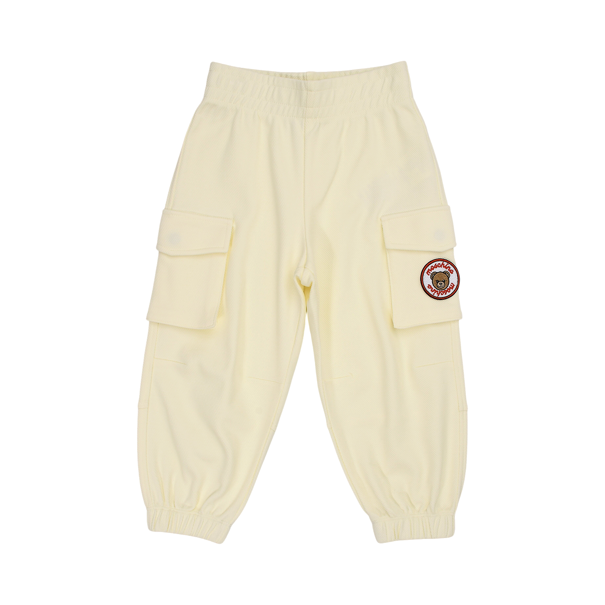 Off-white jogging pants with an elasticated waist and ribbed cuffs. Features two side cargo pockets, the right with a Moschin