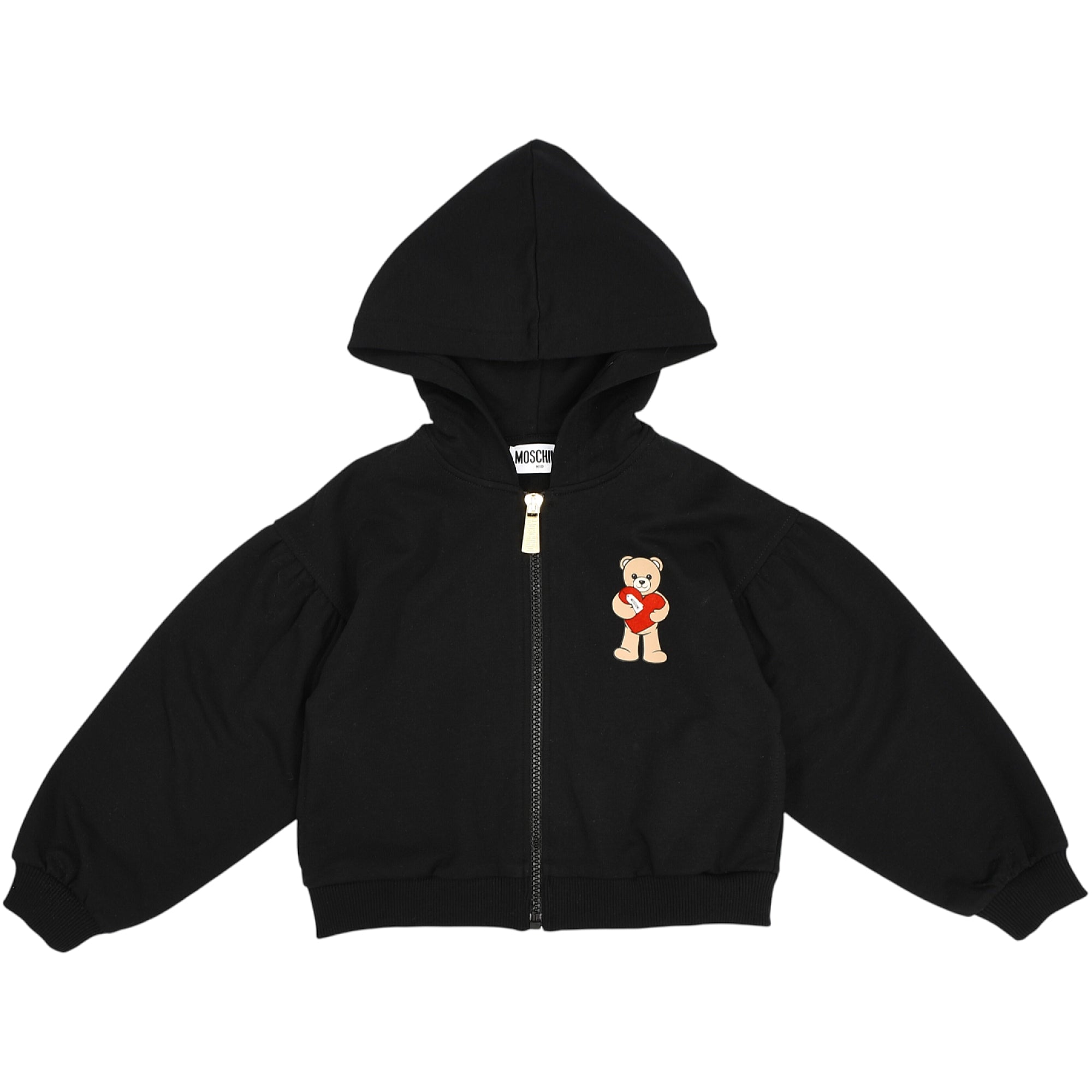 Black hooded full-zip jacket with gold-toned zipper, puffed sleeves, ribbed cuffs/hem, and a teddy bear holding a red heart.