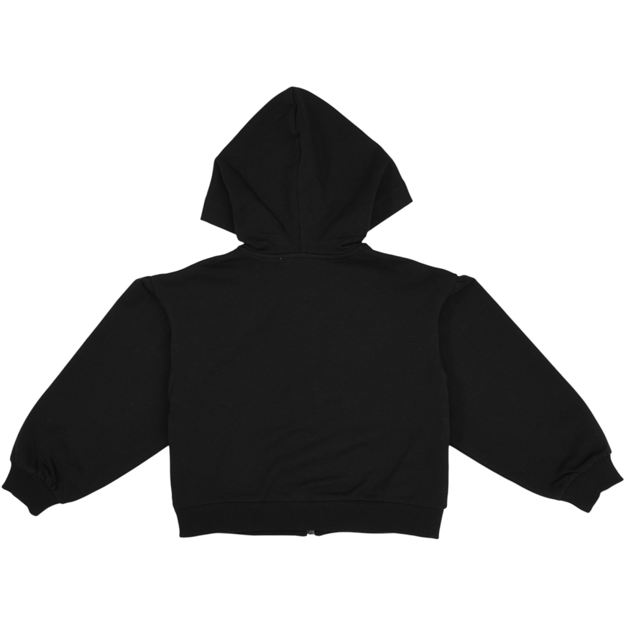 Black soft fabric hoodie with a hood, long sleeves, ribbed cuffs, and a ribbed hem.
