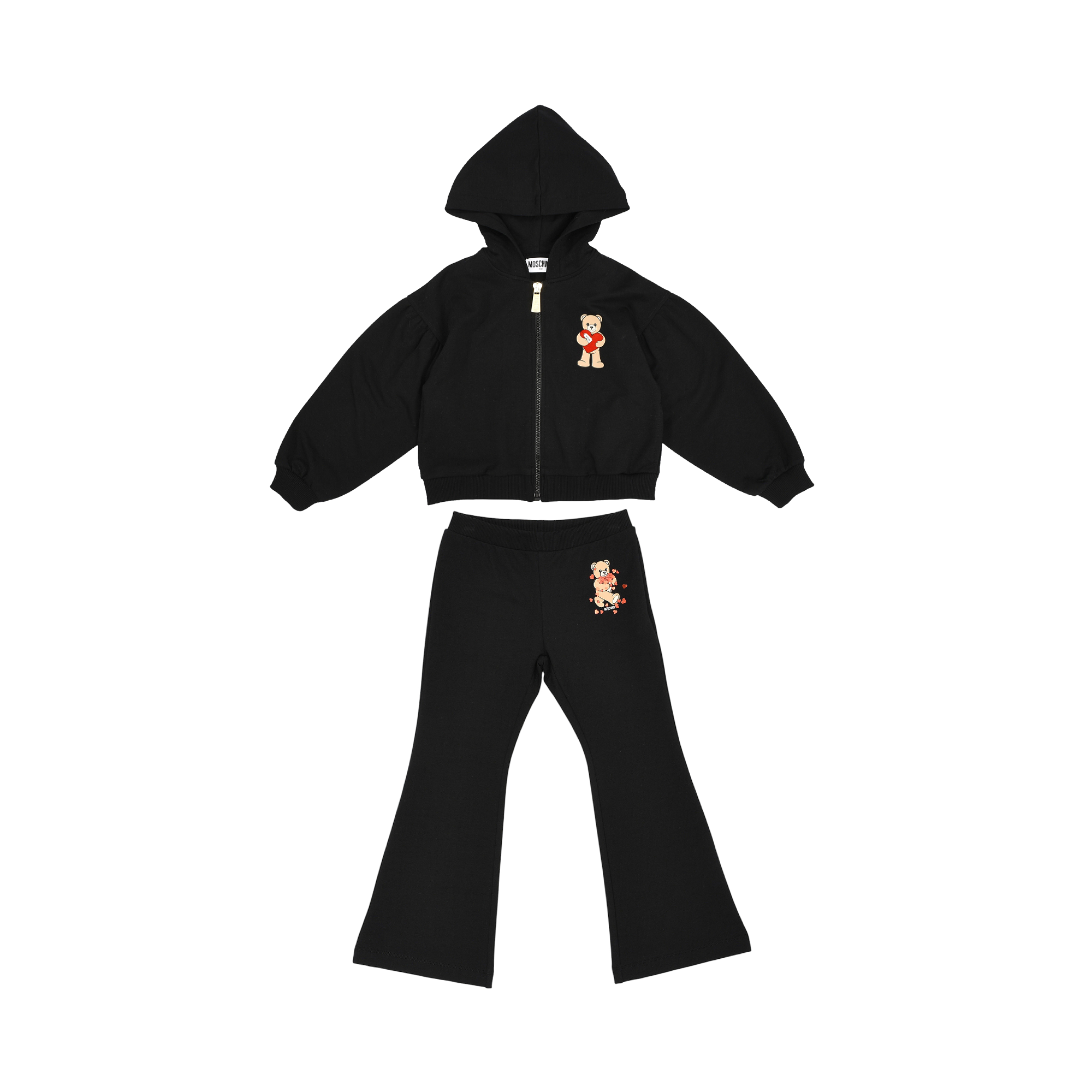 Black Moschino Kids hooded jogging suit with full-zip jacket and flared trousers, featuring a teddy bear motif.