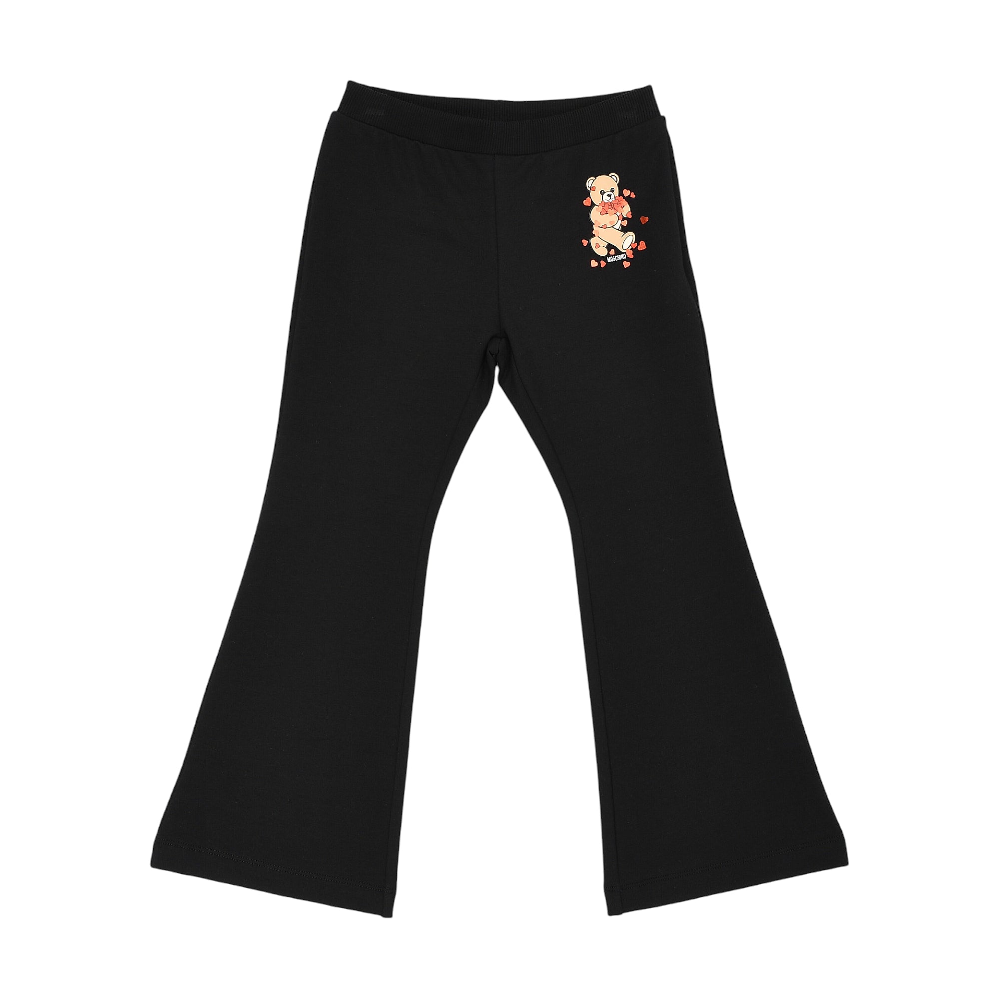 Black jogging suit pants with a ribbed waistband and flared legs. Features a graphic of a teddy bear holding red hearts on th