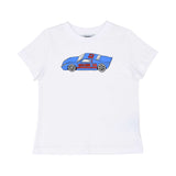 Front view of a white Moschino Kids T-shirt featuring a blue racing car graphic with the number 83 and red logo.