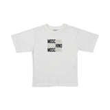 Front view of a navy blue Moschino Kids t-shirt featuring three stacked"Moschino" .