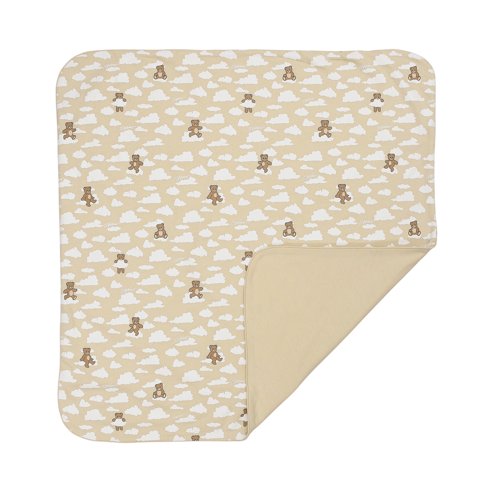 Beige blanket with rounded corners. One side has a pattern of brown teddy bears and white clouds; the reverse is solid beige.