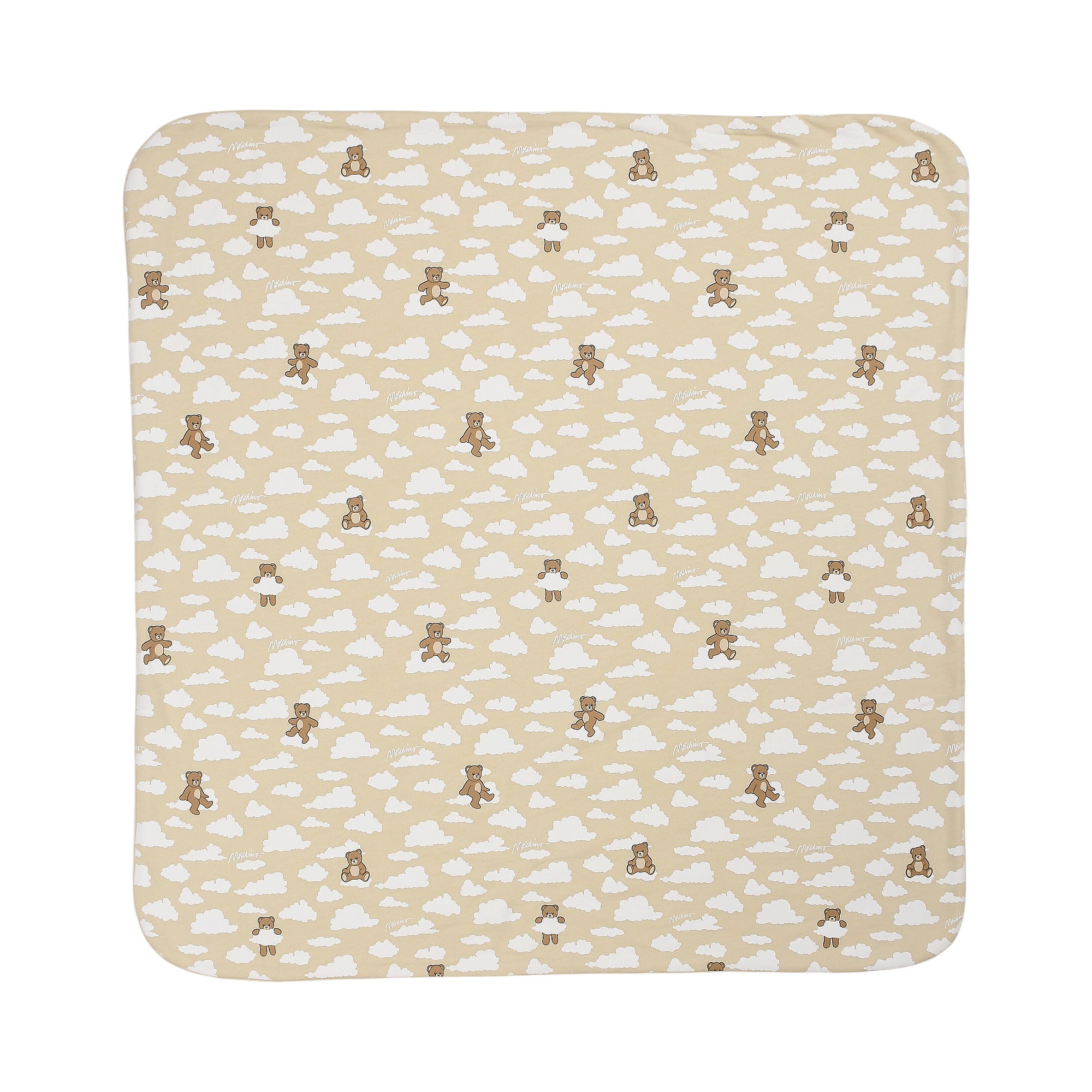 Beige baby blanket with rounded corners, featuring an all-over print of white clouds and brown teddy bears.