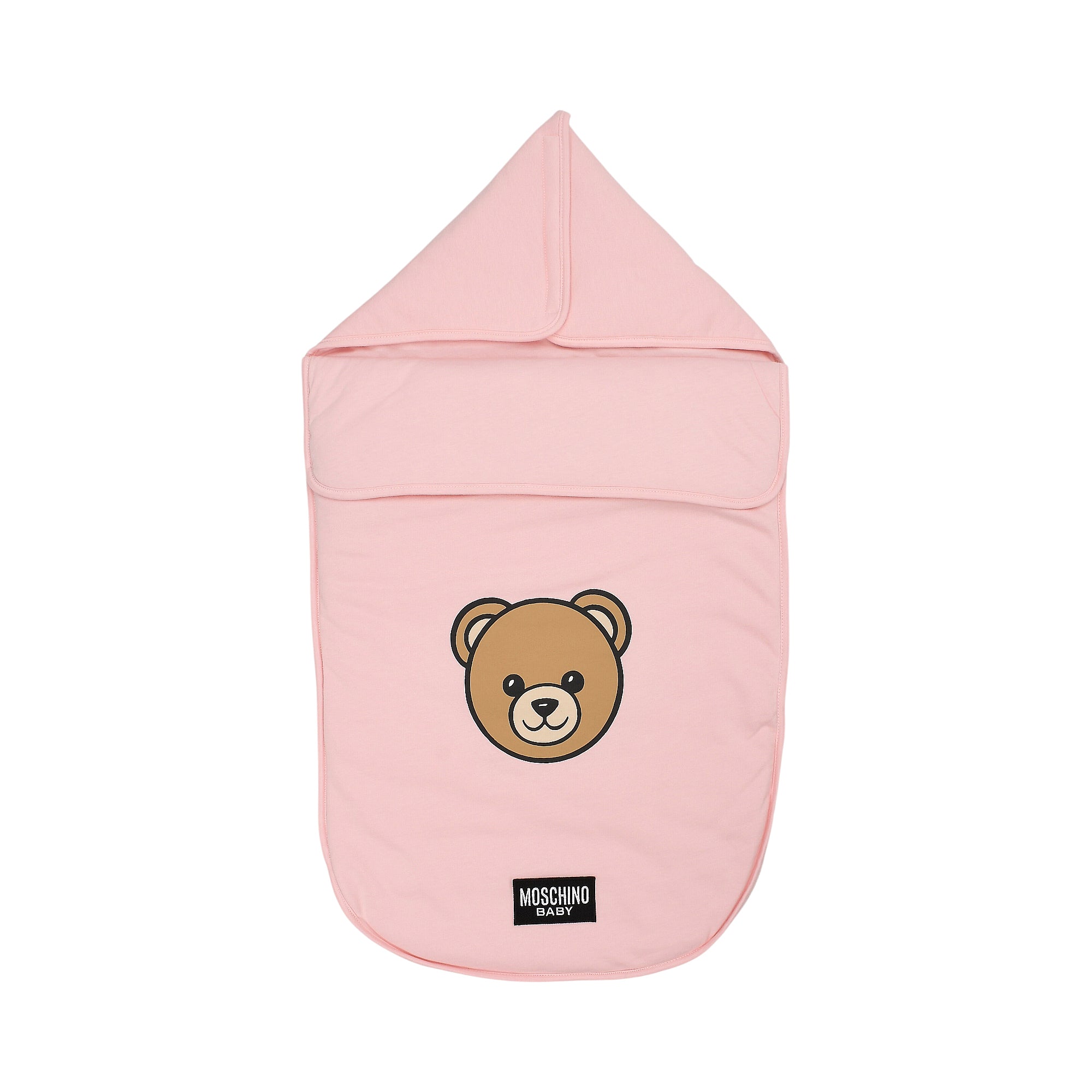 Pink baby nest with a pointed hood, featuring a brown teddy bear face graphic and a "MOSCHINO BABY" label.