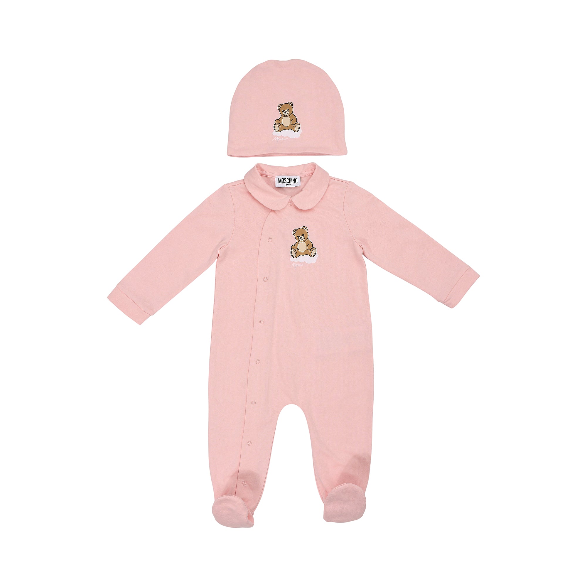 Pink Moschino Kids newborn sleepsuit with Peter Pan collar, snap front, footed, and matching beanie hat, both with teddy bear