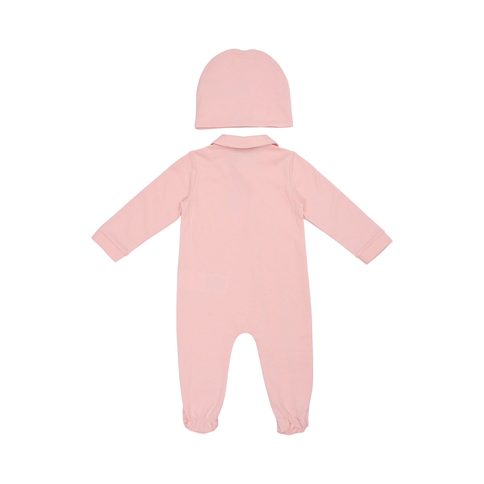 Pink long-sleeved sleepsuit with a collar and gathered cuffs/ankles, paired with a matching beanie hat.