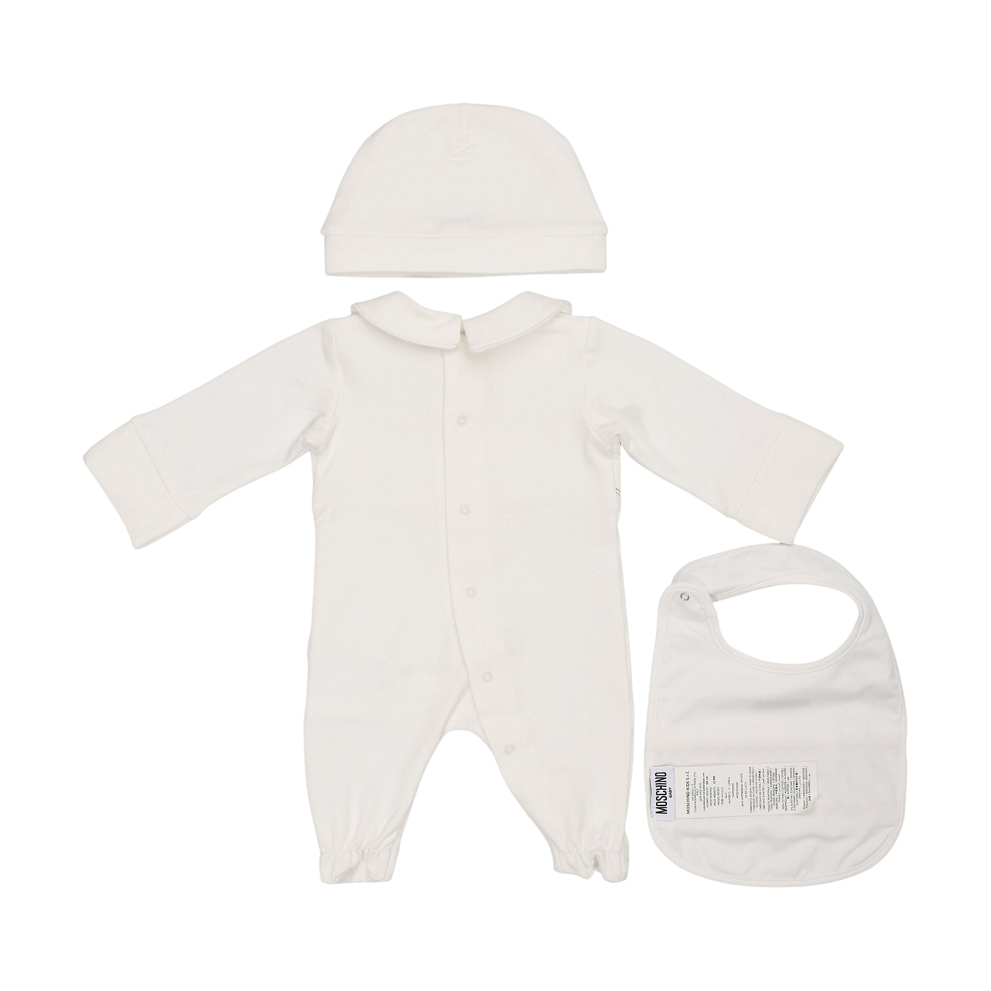 White baby sleepsuit with Peter Pan collar, snap buttons, and elasticated ankles, matching beanie hat, and bib with snap clos