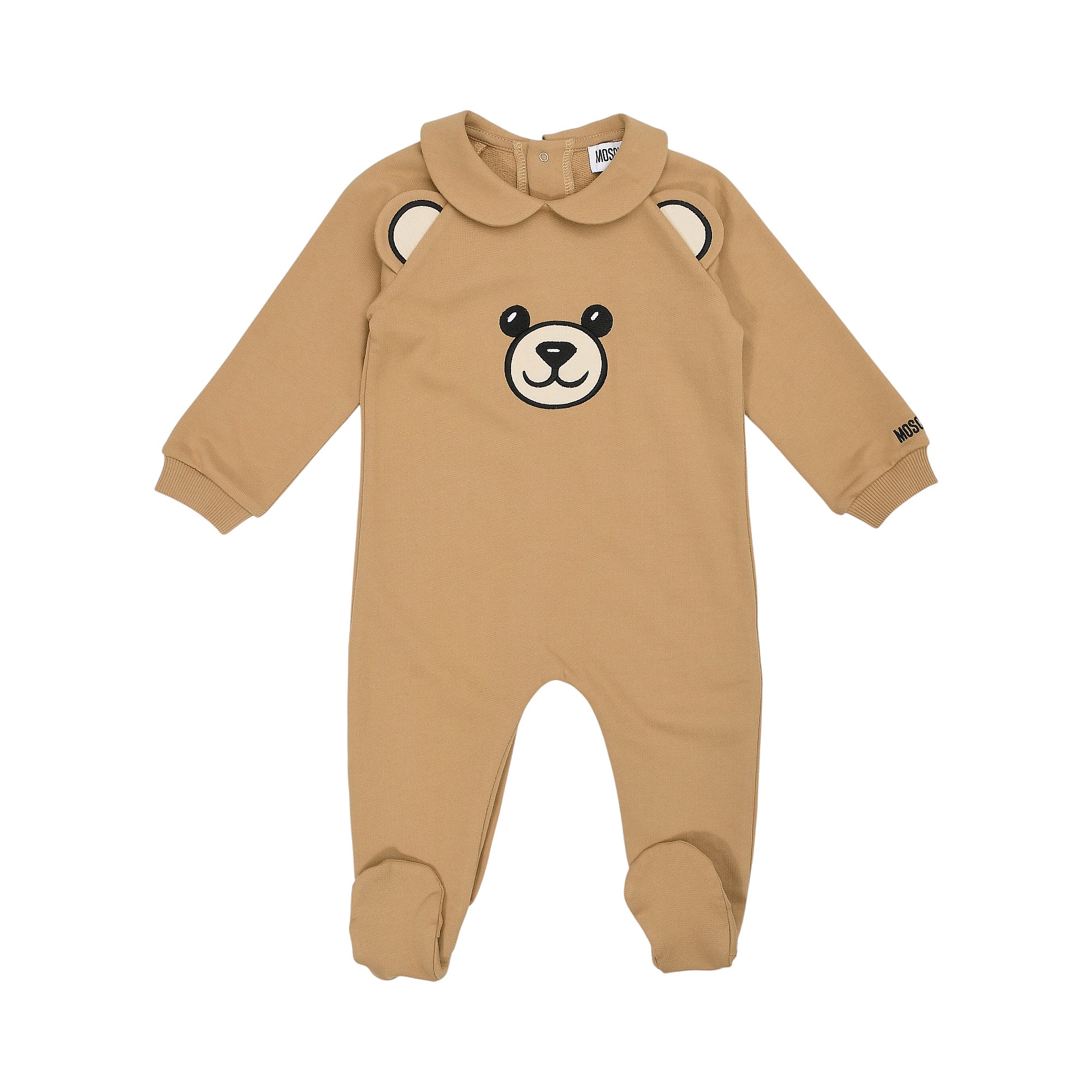 Brown Moschino Kids sleepsuit with long sleeves, integrated footies, a Peter Pan collar, and a teddy bear face graphic on the