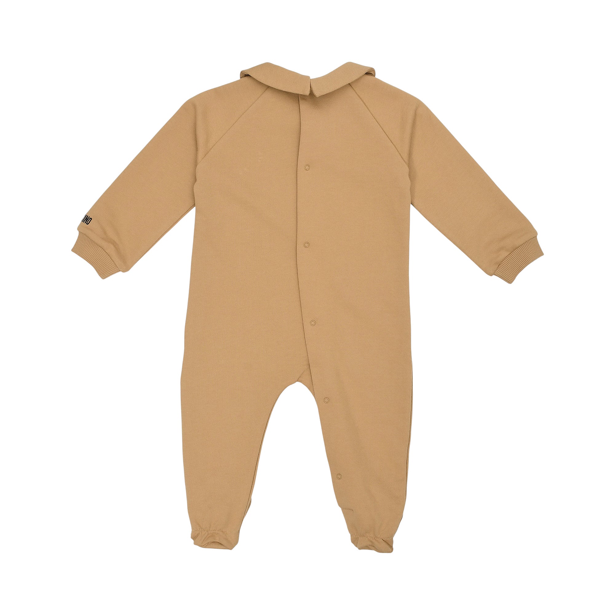 Tan baby sleepsuit with long sleeves, rounded collar, snap button closure down the back and inner legs, and ribbed cuffs.