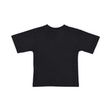 Back view of a plain black short-sleeved cotton t-shirt for kids, showcasing the classic fit and quality jersey fabric.