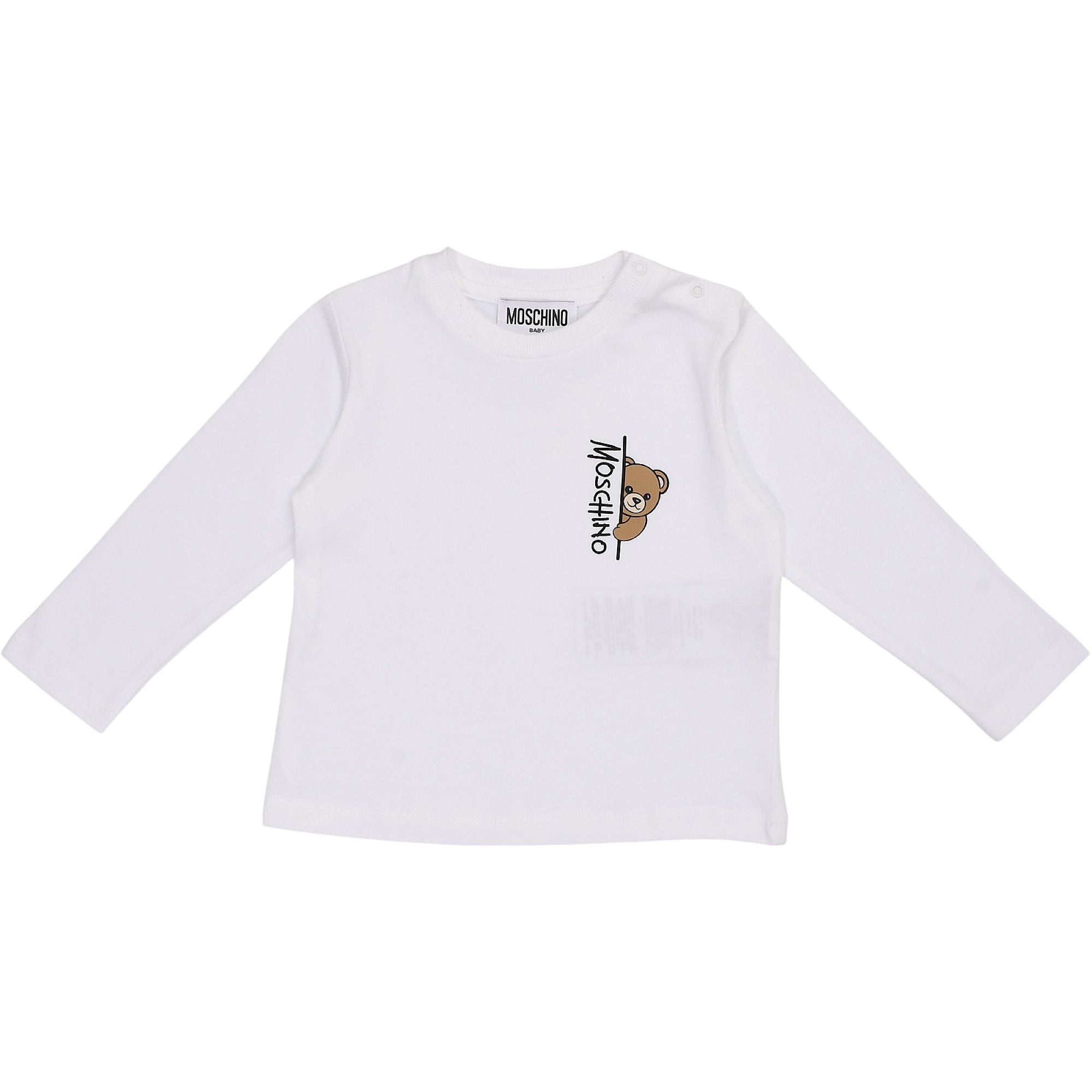 White long-sleeved T-shirt with a round neck, featuring a brown teddy bear graphic and black Moschino logo.