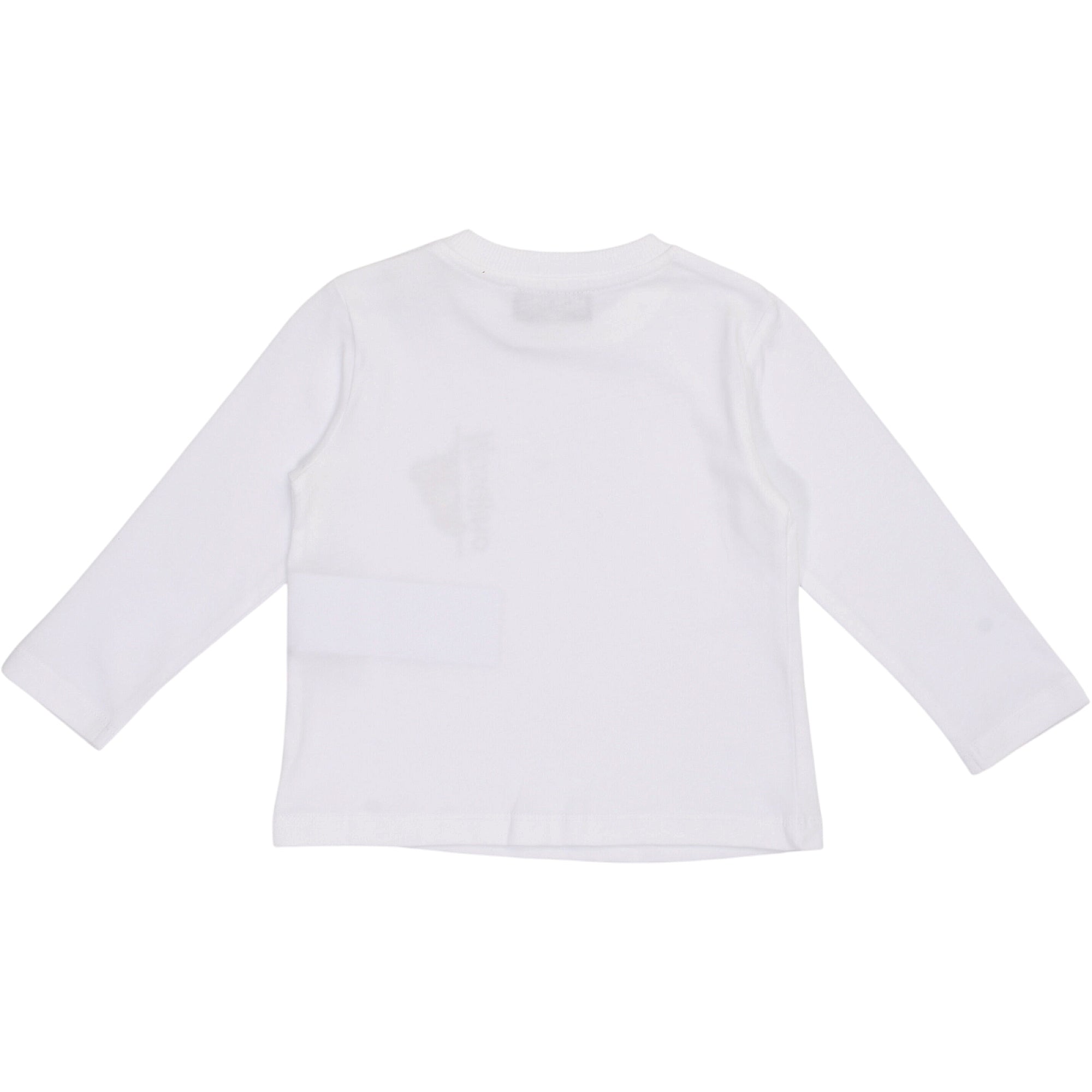 White long-sleeve t-shirt with a ribbed crew neck and plain cuffs, seen from the back.