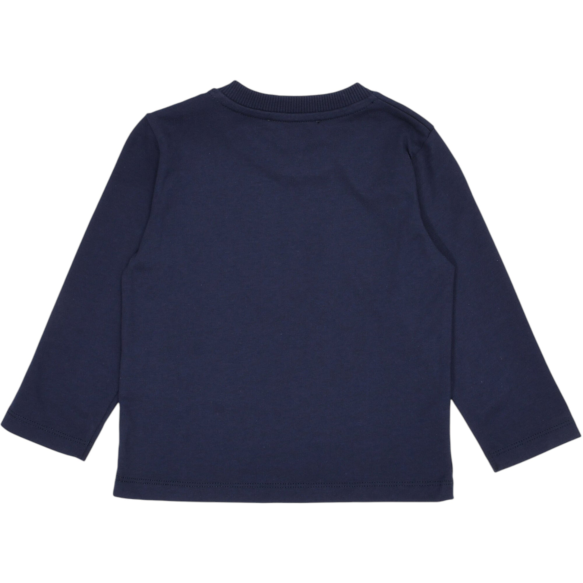 Navy blue long-sleeve t-shirt with a ribbed crew neck and stitched cuffs and hem, viewed from the back.
