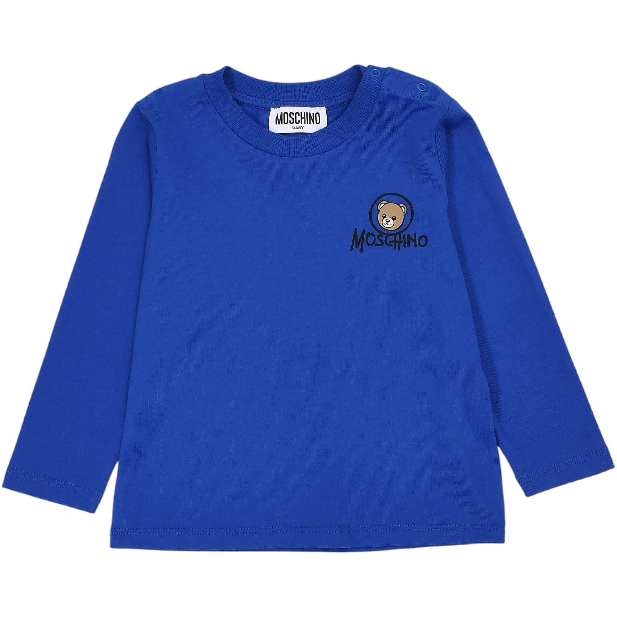 Blue long-sleeved T-shirt with a round neck, two shoulder snap buttons, and a Moschino Teddy Bear graphic on the chest.