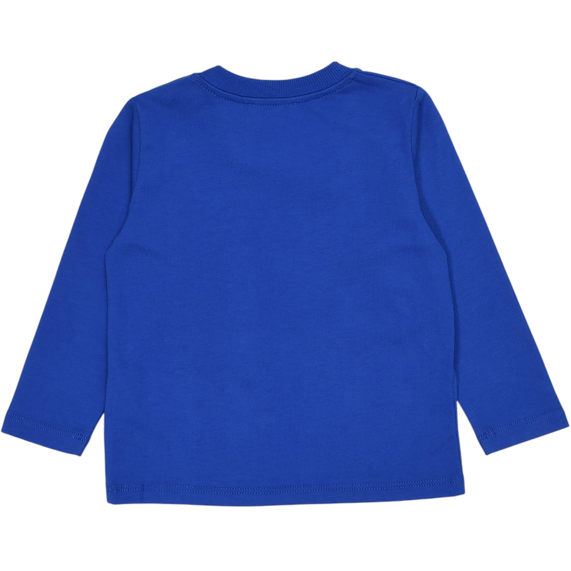 Plain blue long-sleeve t-shirt, back view, with a ribbed crew neck, and stitched cuffs and hem.