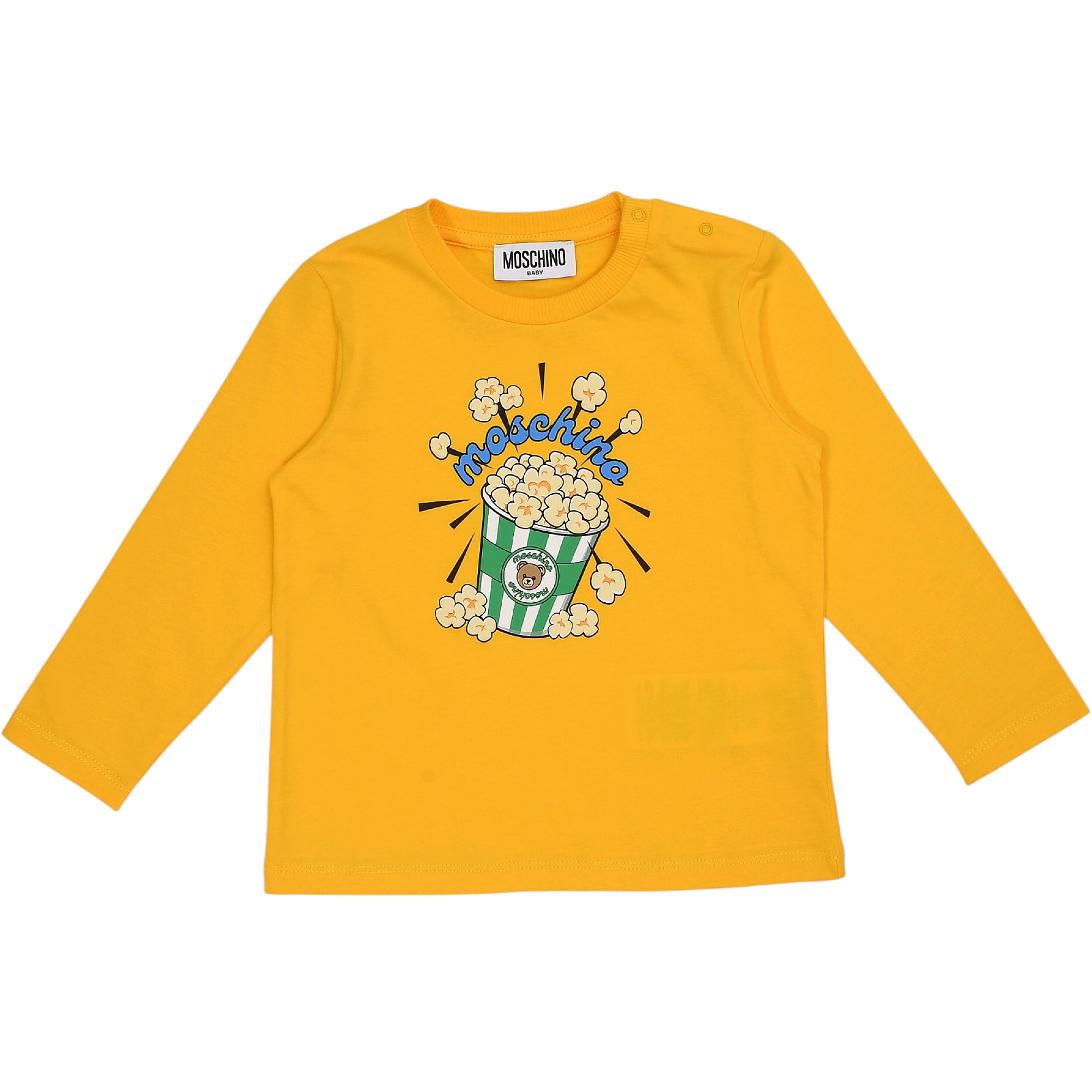 Yellow long-sleeved T-shirt with a round neck and a graphic print of a green and white striped popcorn bucket on the front.