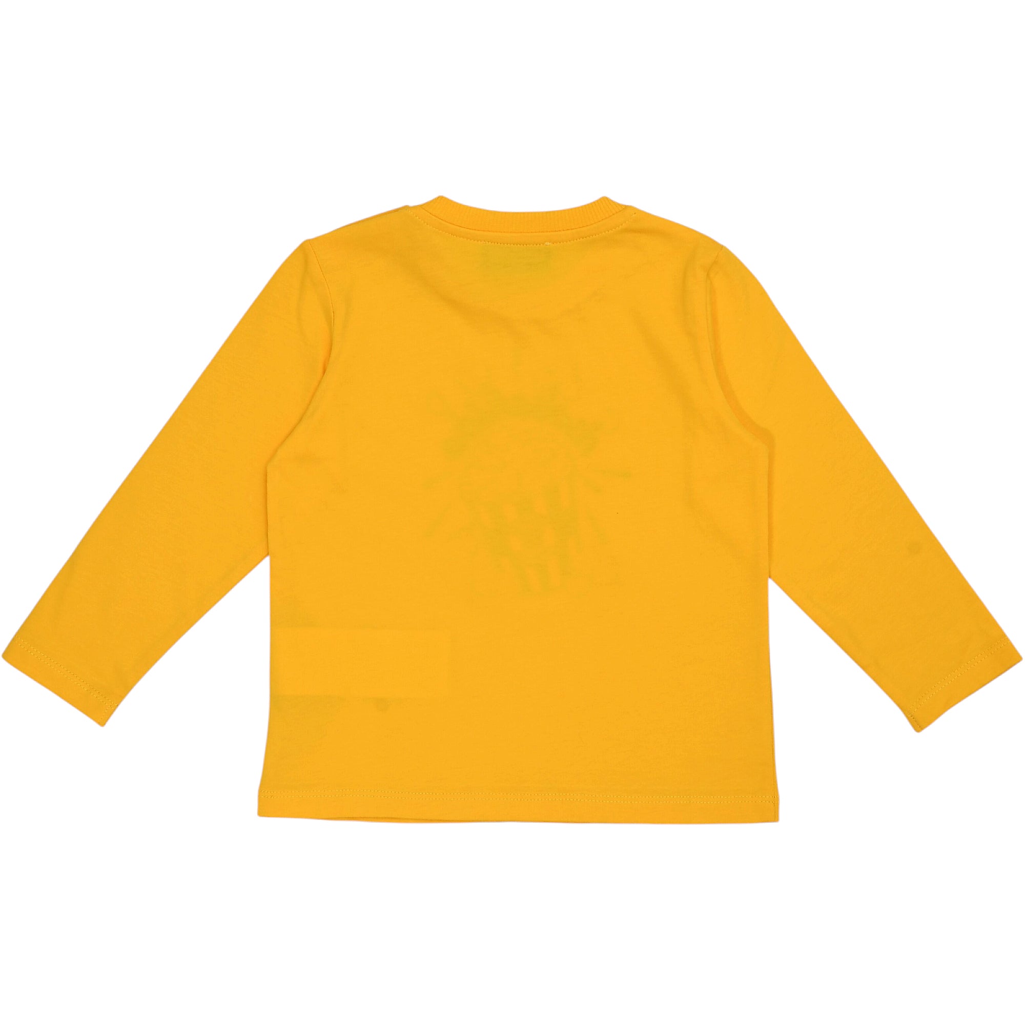 Yellow long-sleeve t-shirt with a ribbed crew neck, ribbed cuffs, and a subtle dark yellow graphic print on the back.