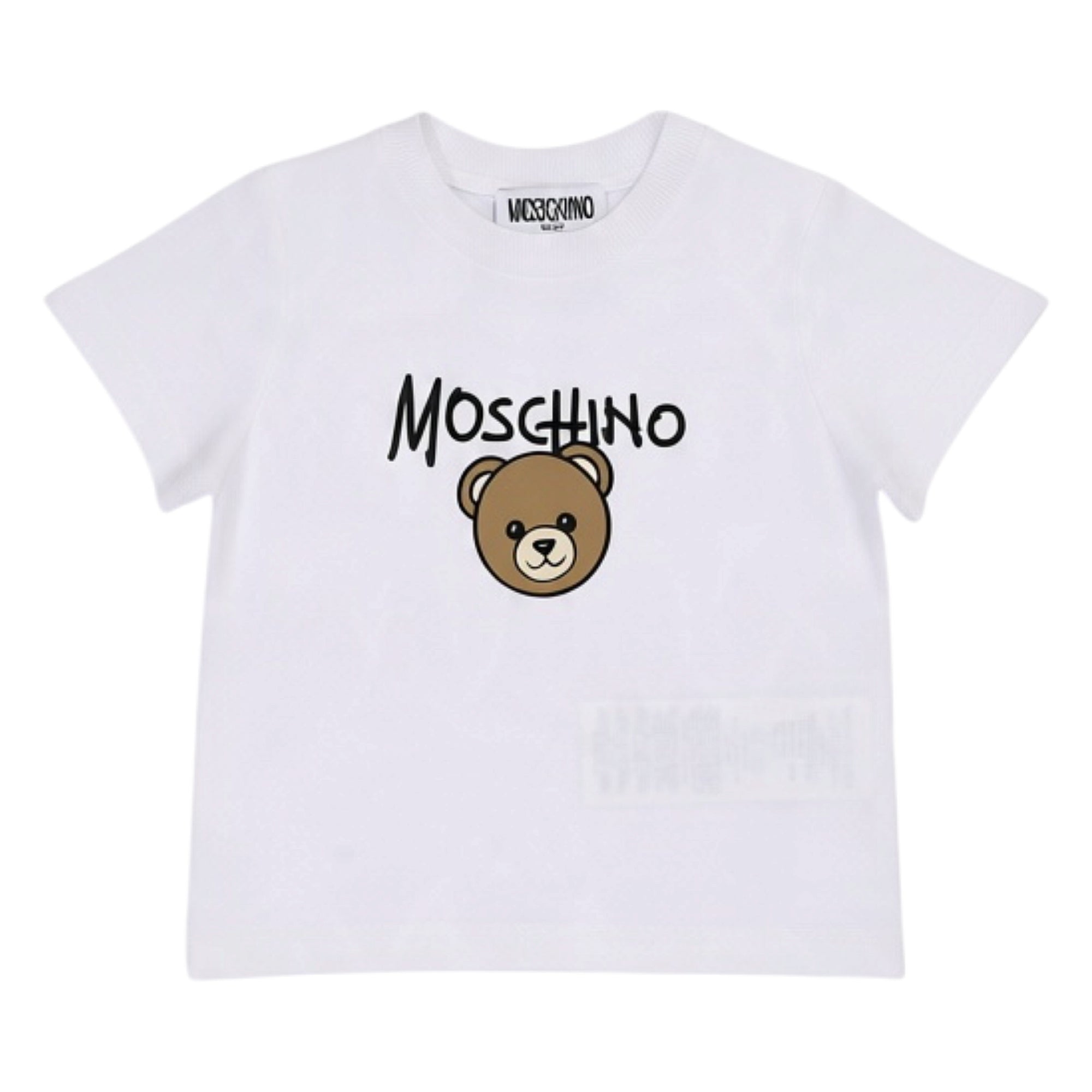 White short-sleeved t-shirt for babies, featuring a black 'MOSCHINO' logo and a brown teddy bear graphic.