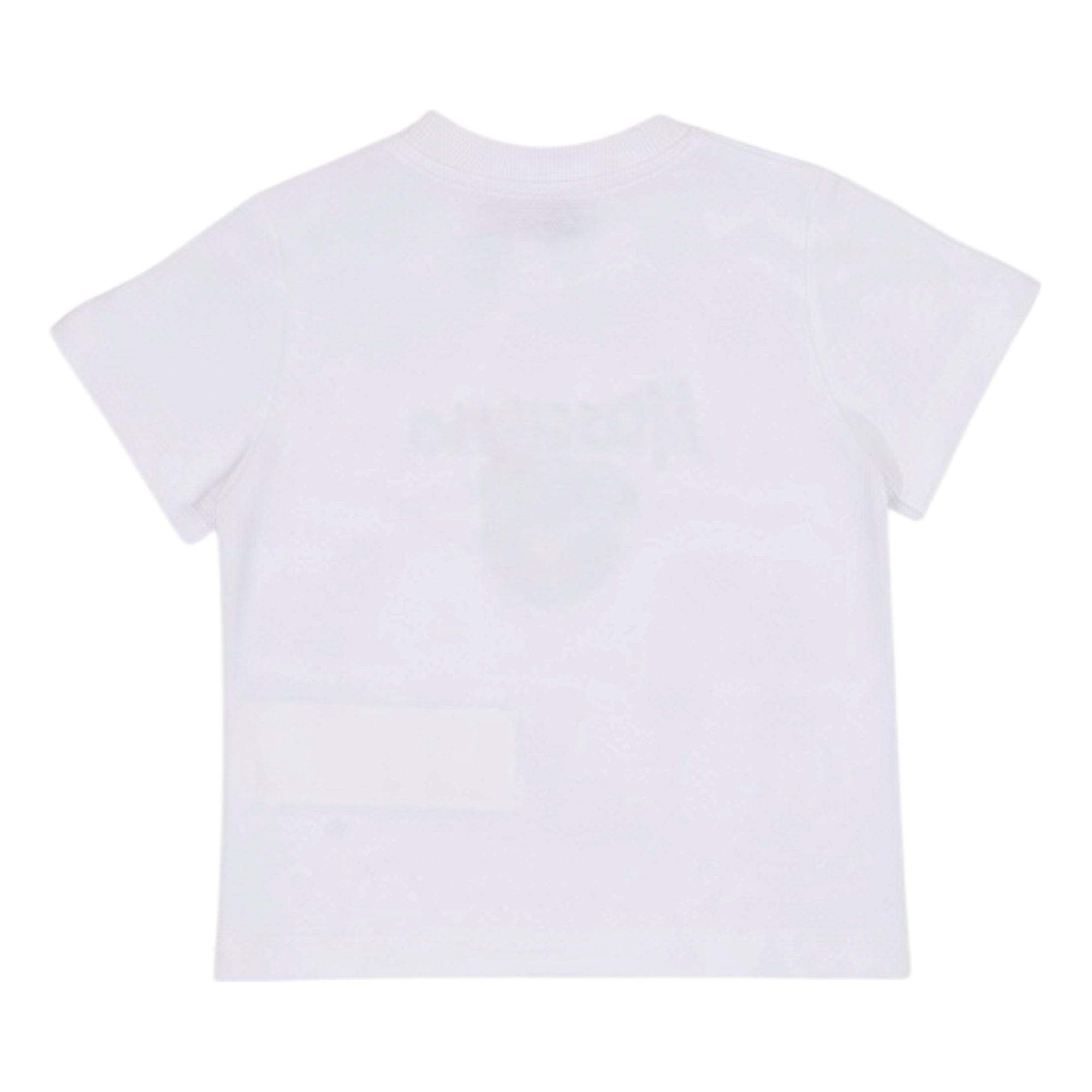 White short-sleeved t-shirt with a ribbed crew neck and a faint dark green graphic on the upper back.