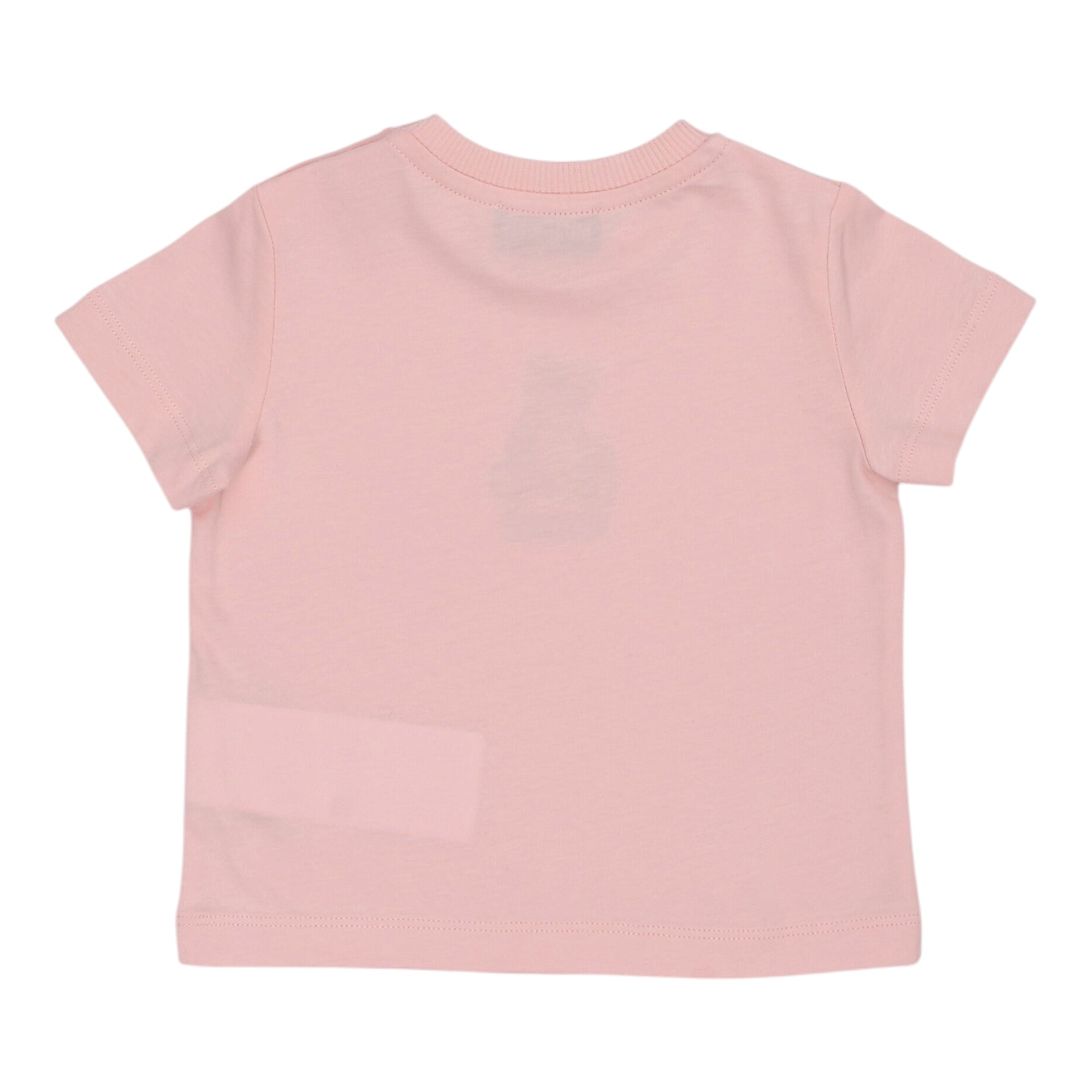 Pink short-sleeved t-shirt with a ribbed crew neck. The plain back has a faint dark label at the neck.