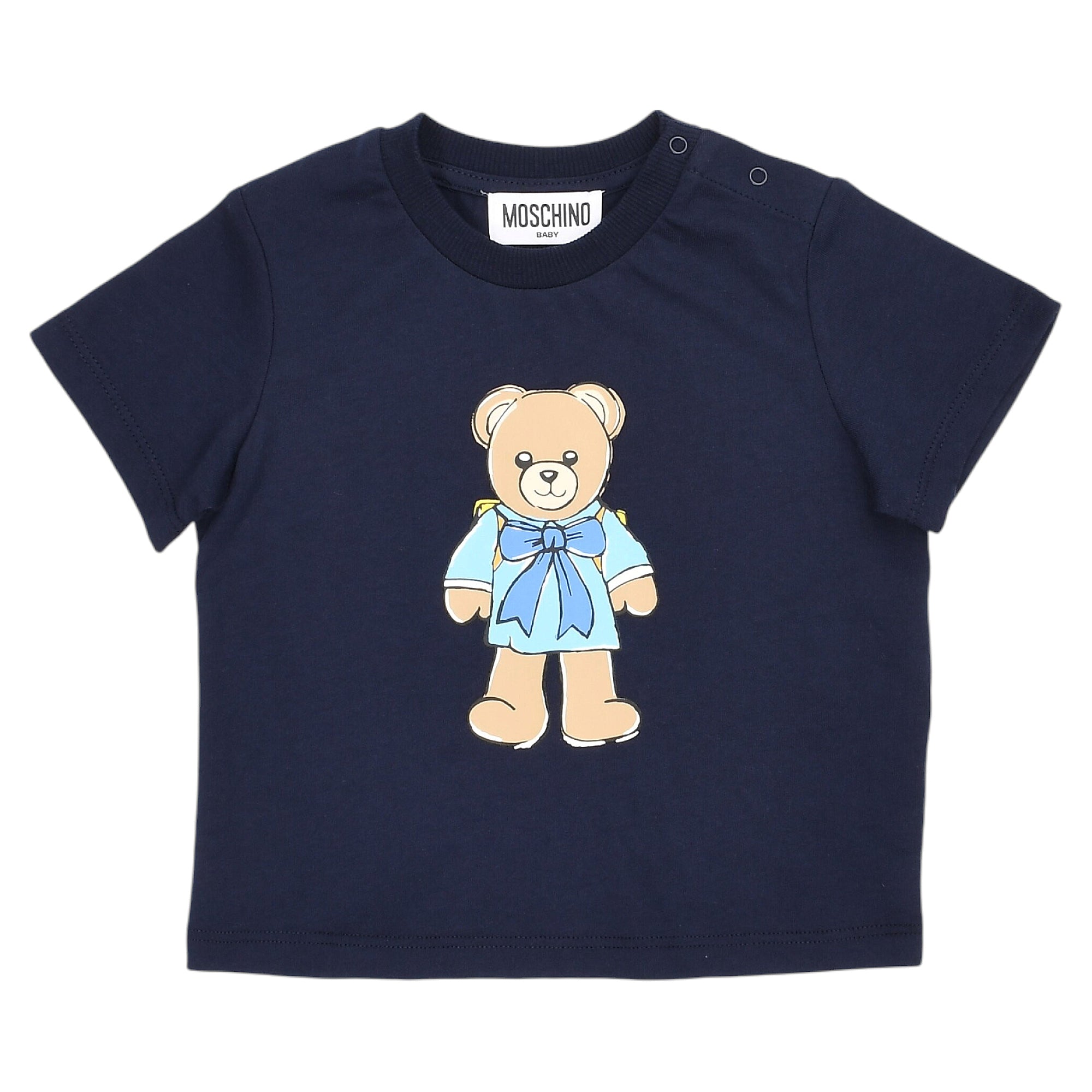 Navy blue short-sleeved baby t-shirt with a light brown teddy bear graphic wearing a light blue shirt and bow tie.