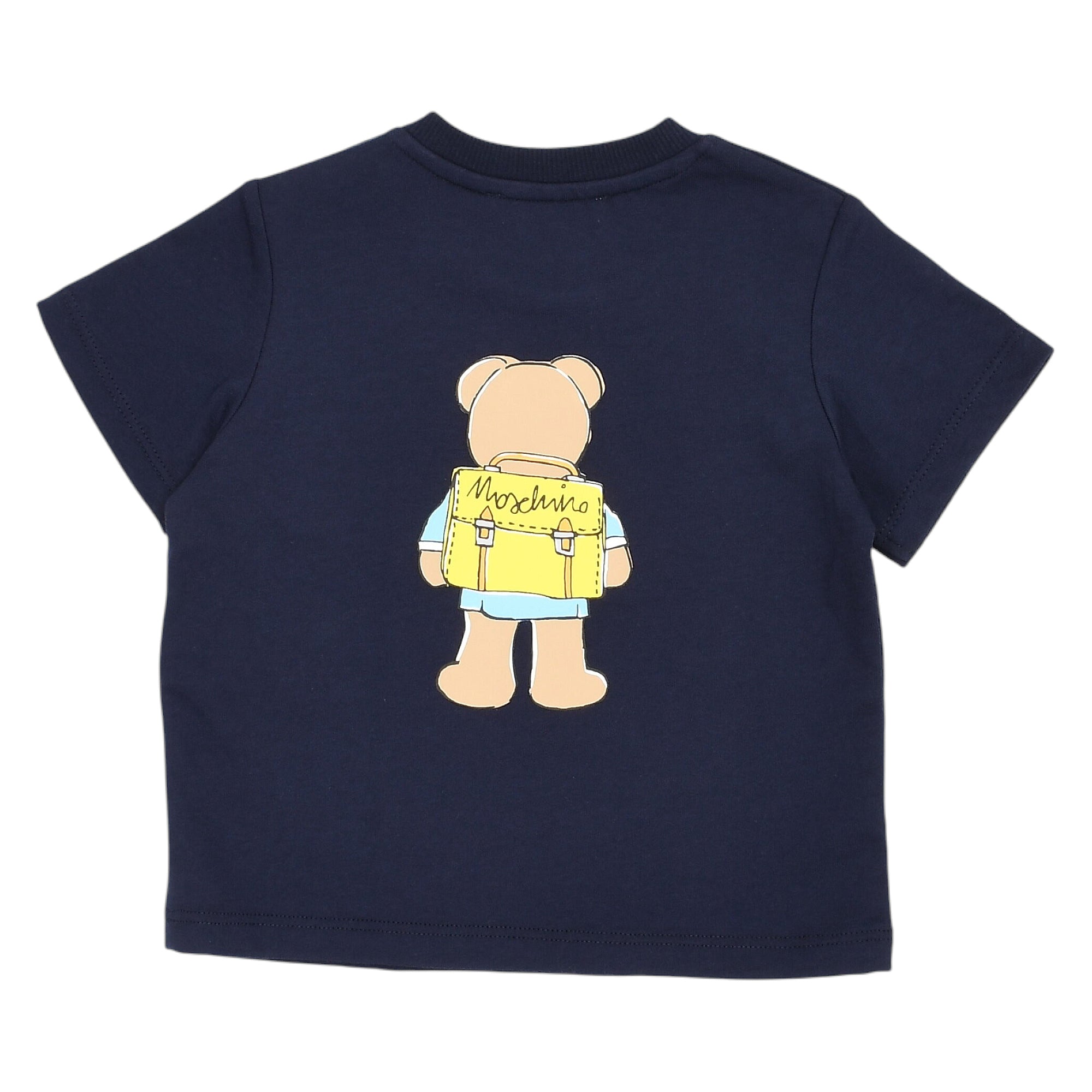 Navy blue short-sleeved t-shirt with a crew neck. Features a graphic print on the back of a teddy bear wearing a yellow Mosch