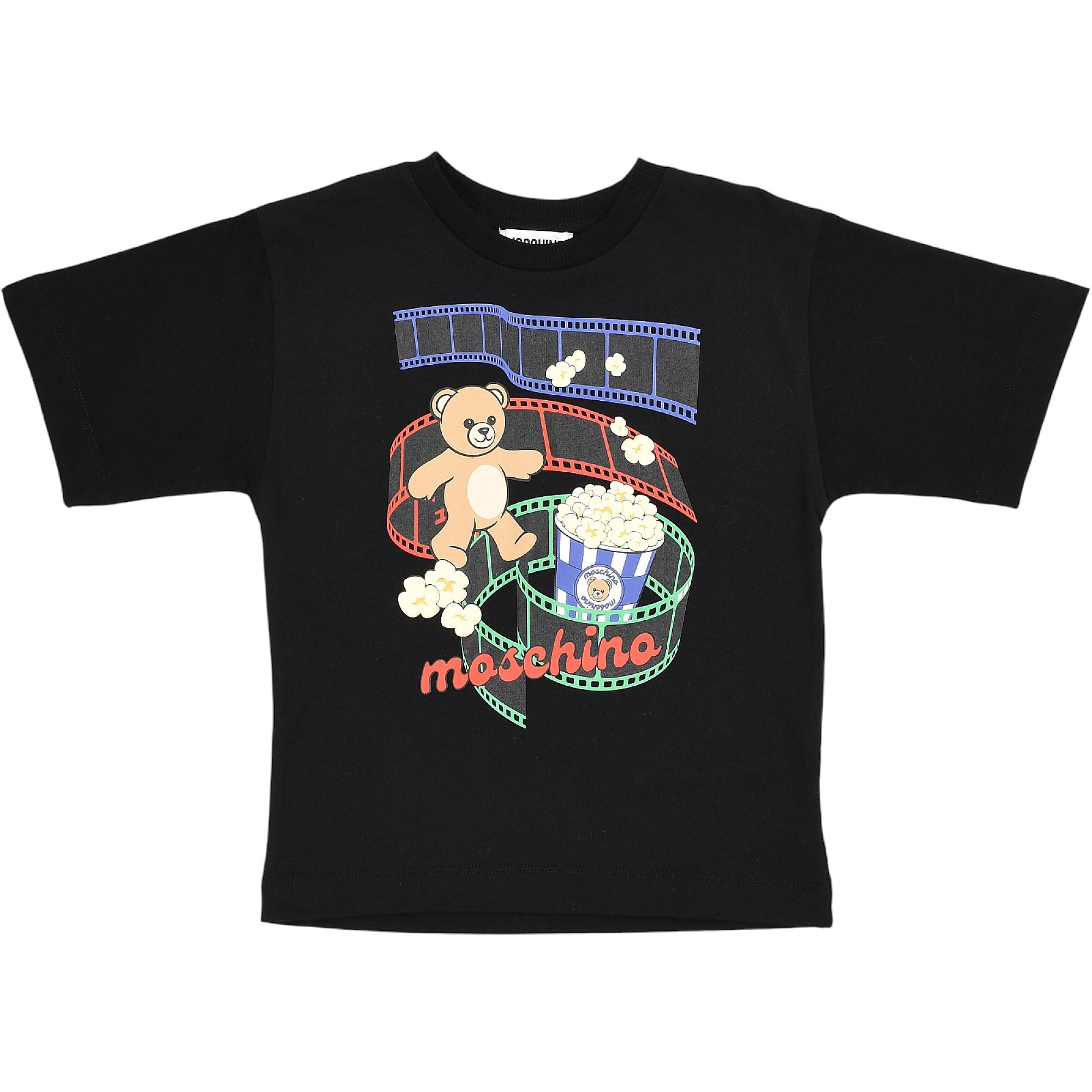 Black Moschino Kids short-sleeved T-shirt with a colourful teddy bear, popcorn, and film strip graphic print.