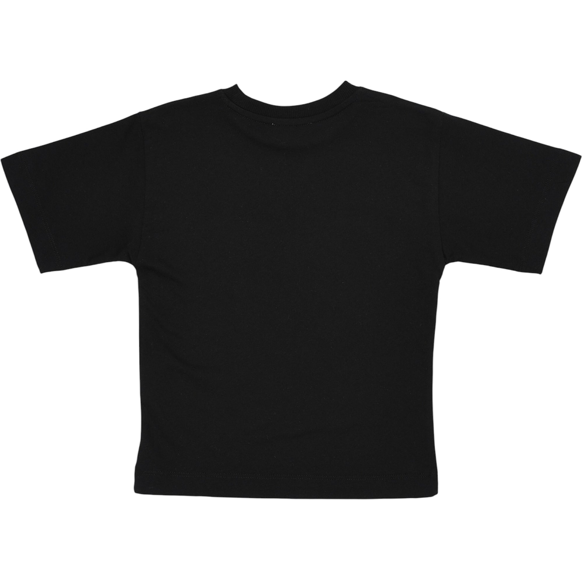 Black short-sleeved crew neck t-shirt in a smooth knit fabric. No design visible.