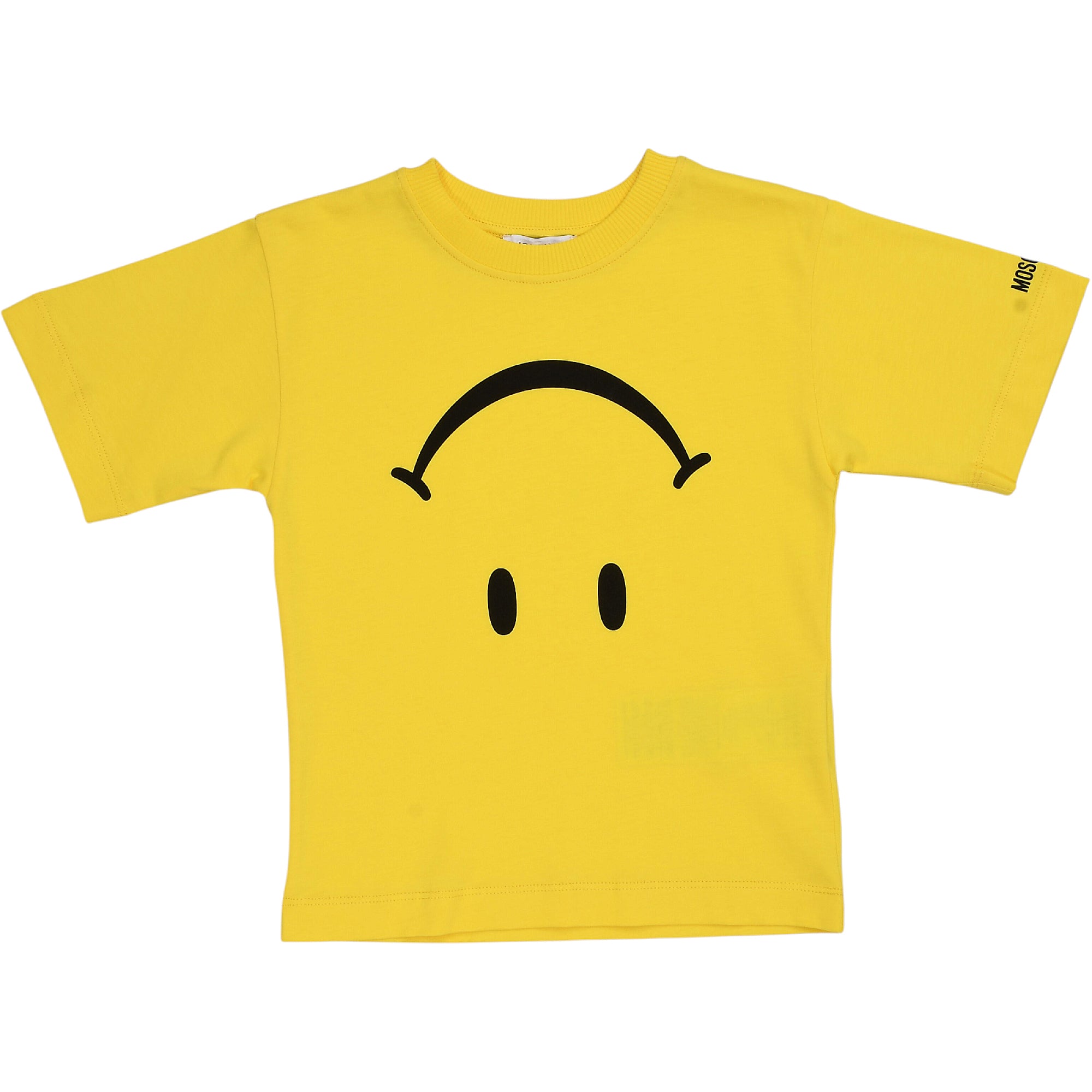 Yellow short-sleeved T-shirt with a black inverted smiley face graphic on the front and a small black logo on the left sleeve