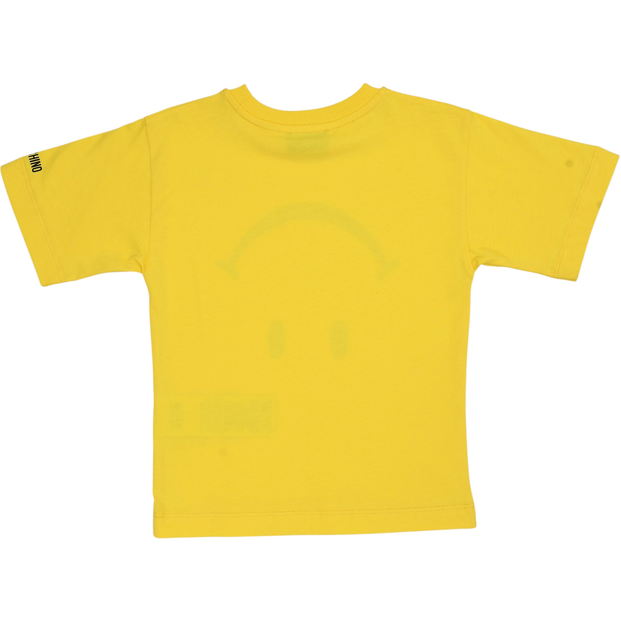 Yellow short-sleeve crew neck t-shirt with a faint dark smiley face graphic on the back. 'HINO' text is on the right sleeve c