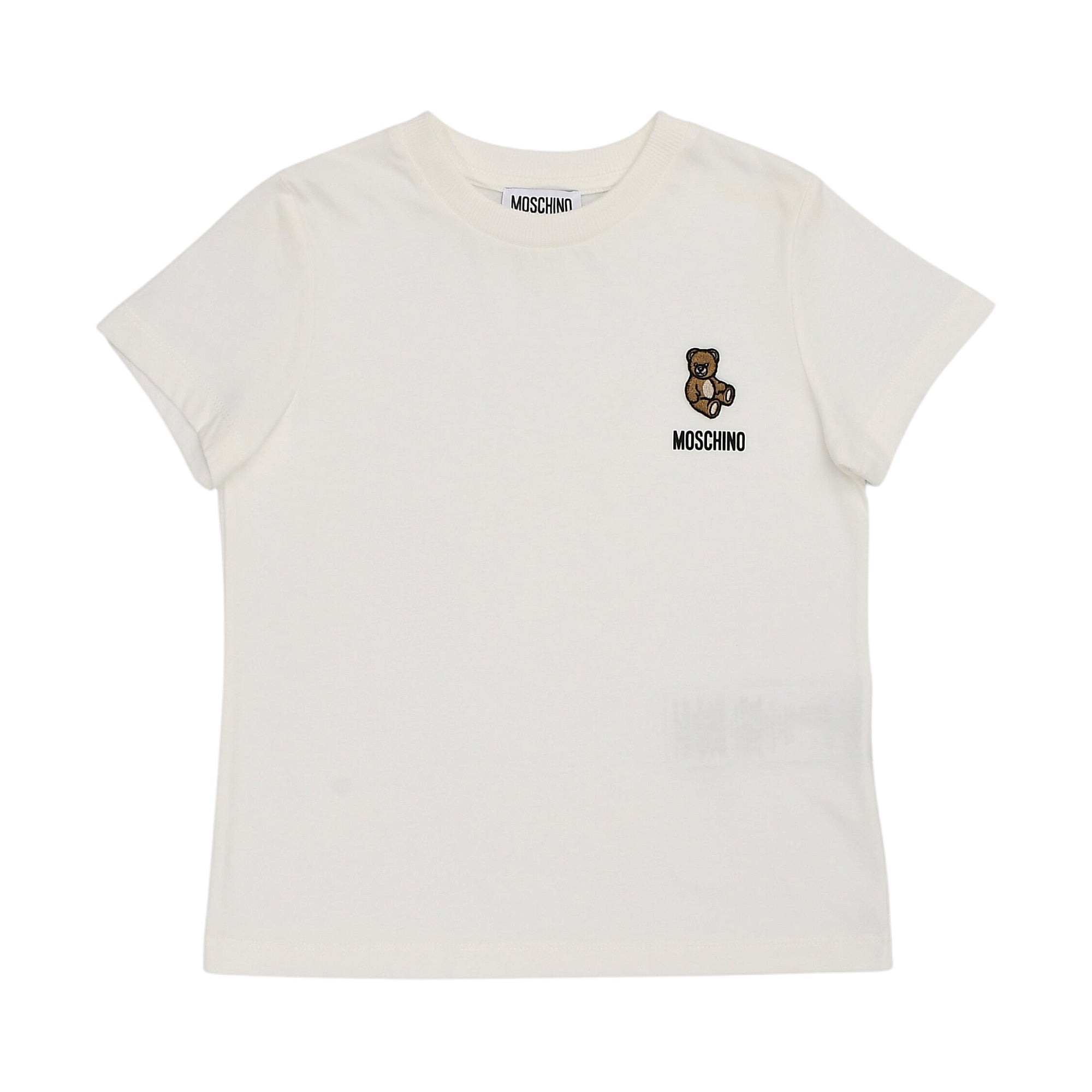 Off-white short-sleeved T-shirt with a crew neck and an embroidered brown teddy bear motif on the left chest.