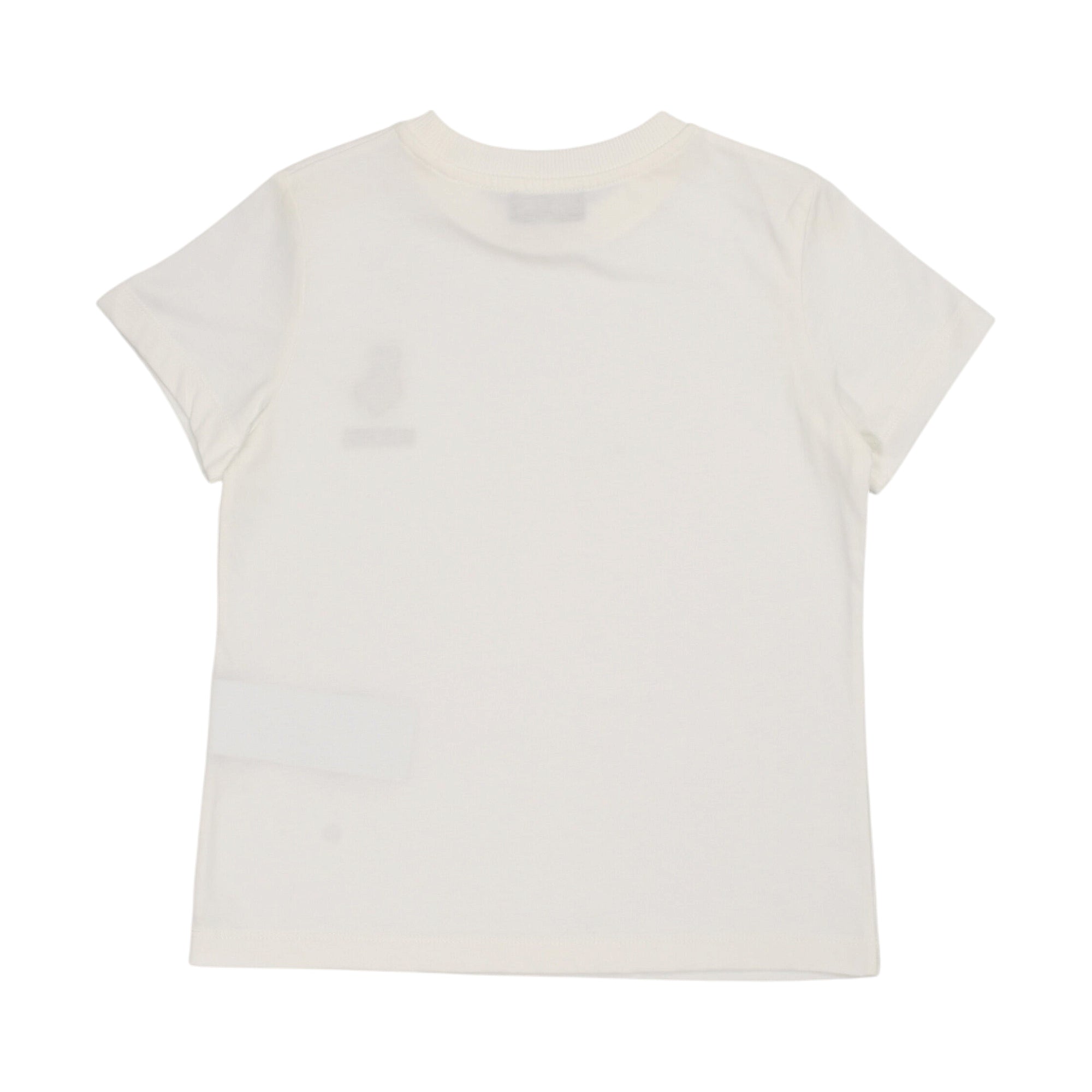 White short-sleeved t-shirt with a ribbed crew neck. The back is plain, smooth cotton jersey.