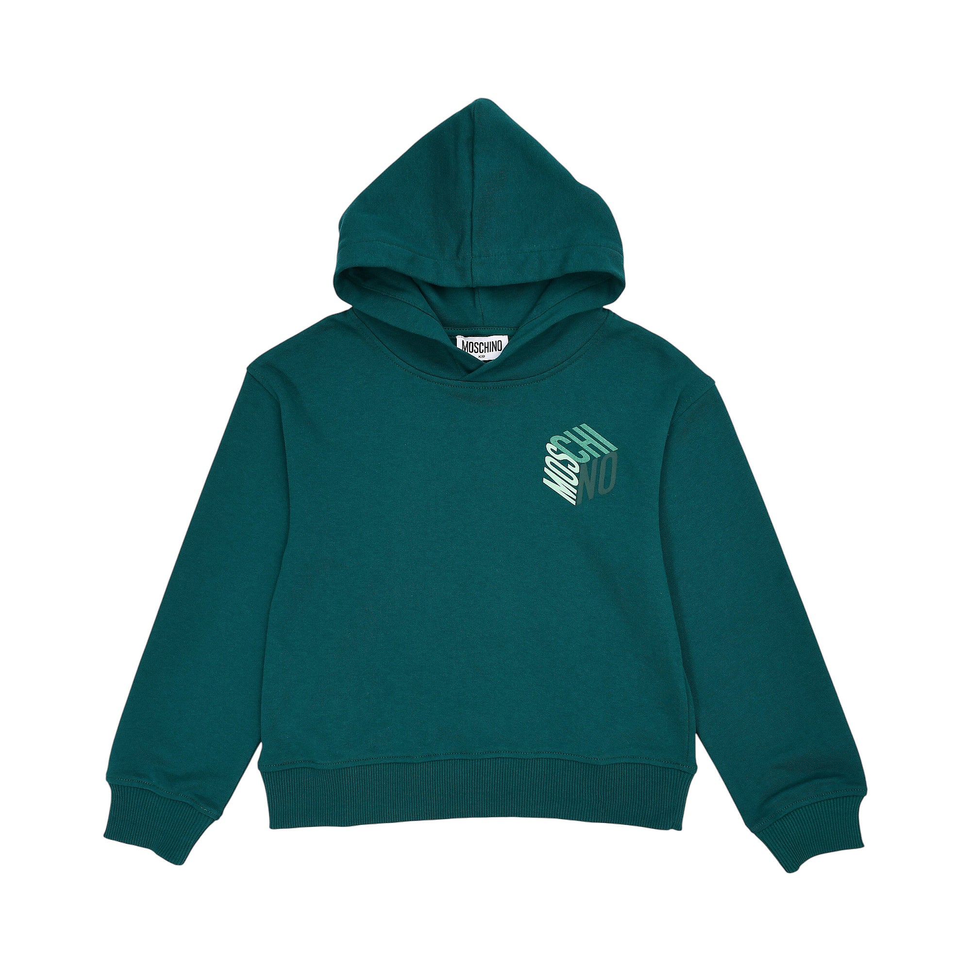 Green Moschino Kids hoodie with a layered, three-dimensional 'MOSCHINO' graphic print on the chest, ribbed cuffs, and hem.