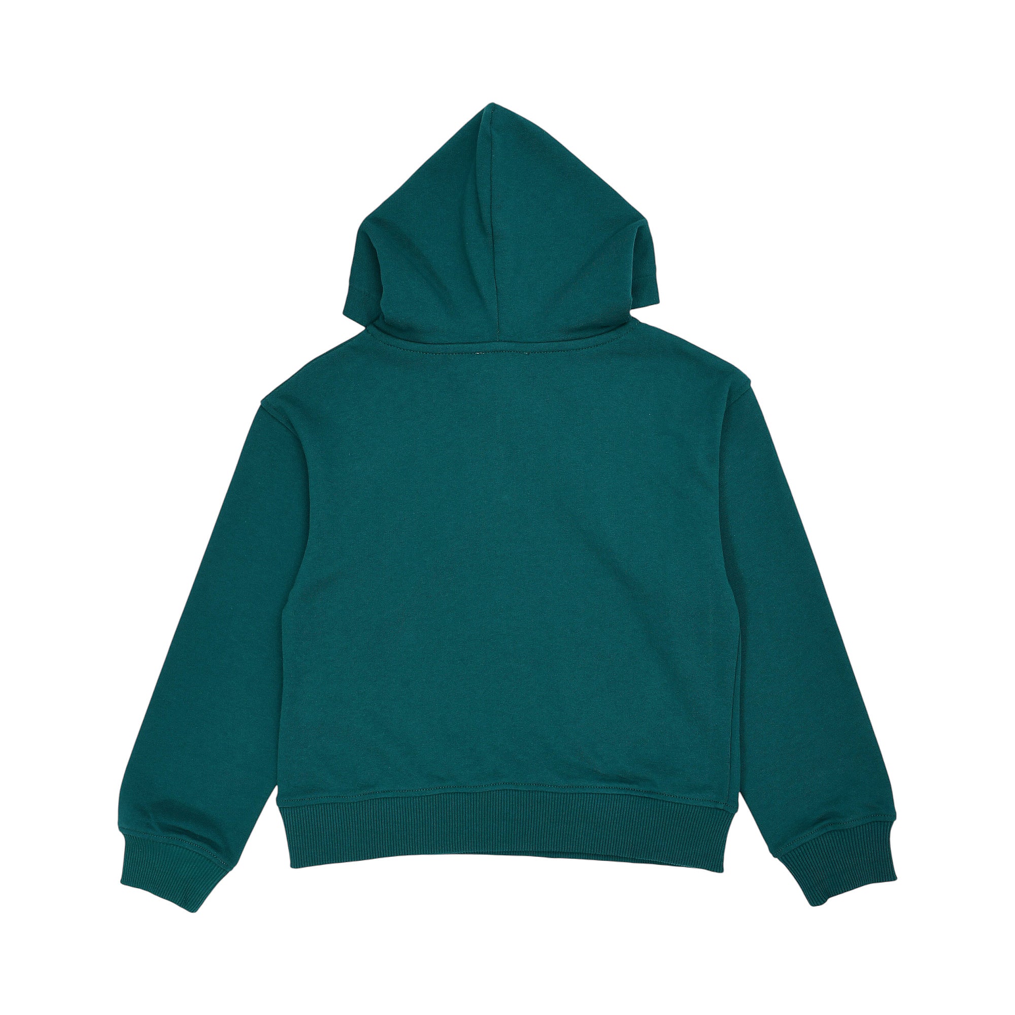 Back view of a dark green hoodie with a hood, long sleeves, and ribbed cuffs and hem.