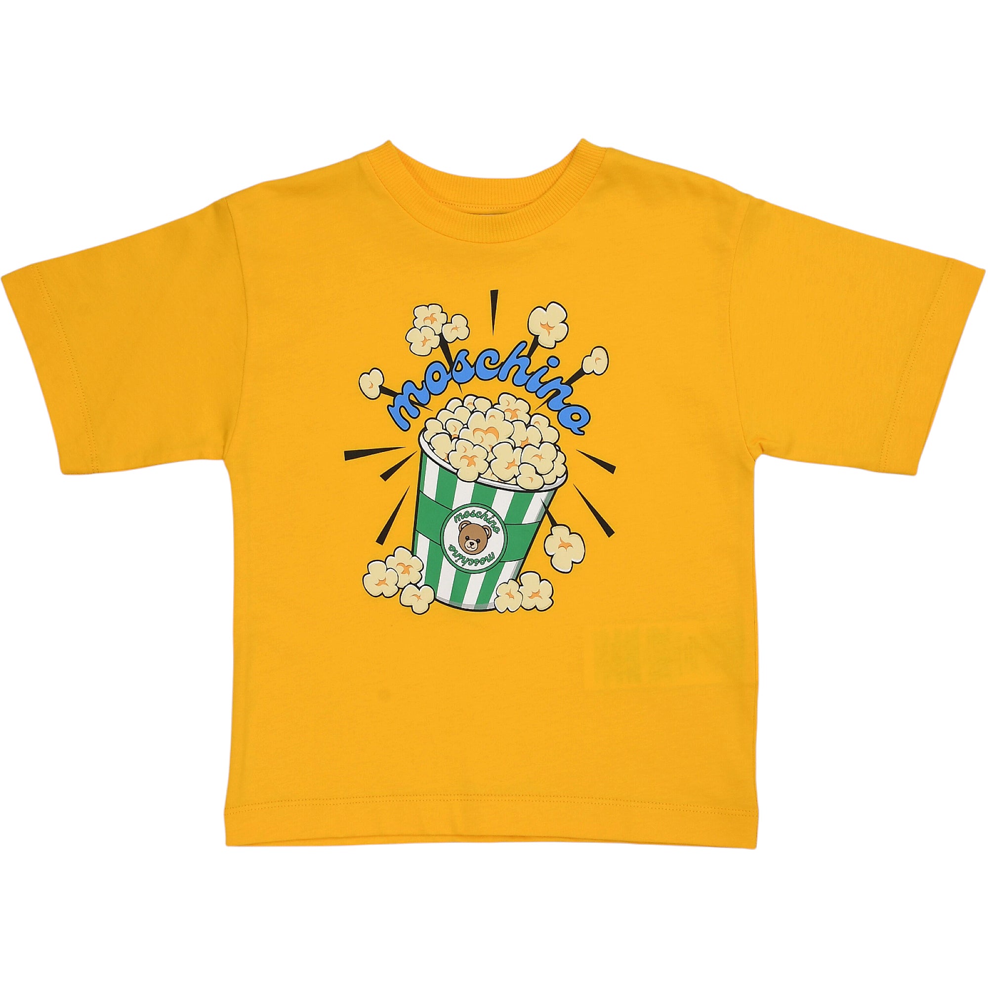 Yellow short-sleeved T-shirt with a graphic print of a popcorn bucket and "Moschino" text on the front.