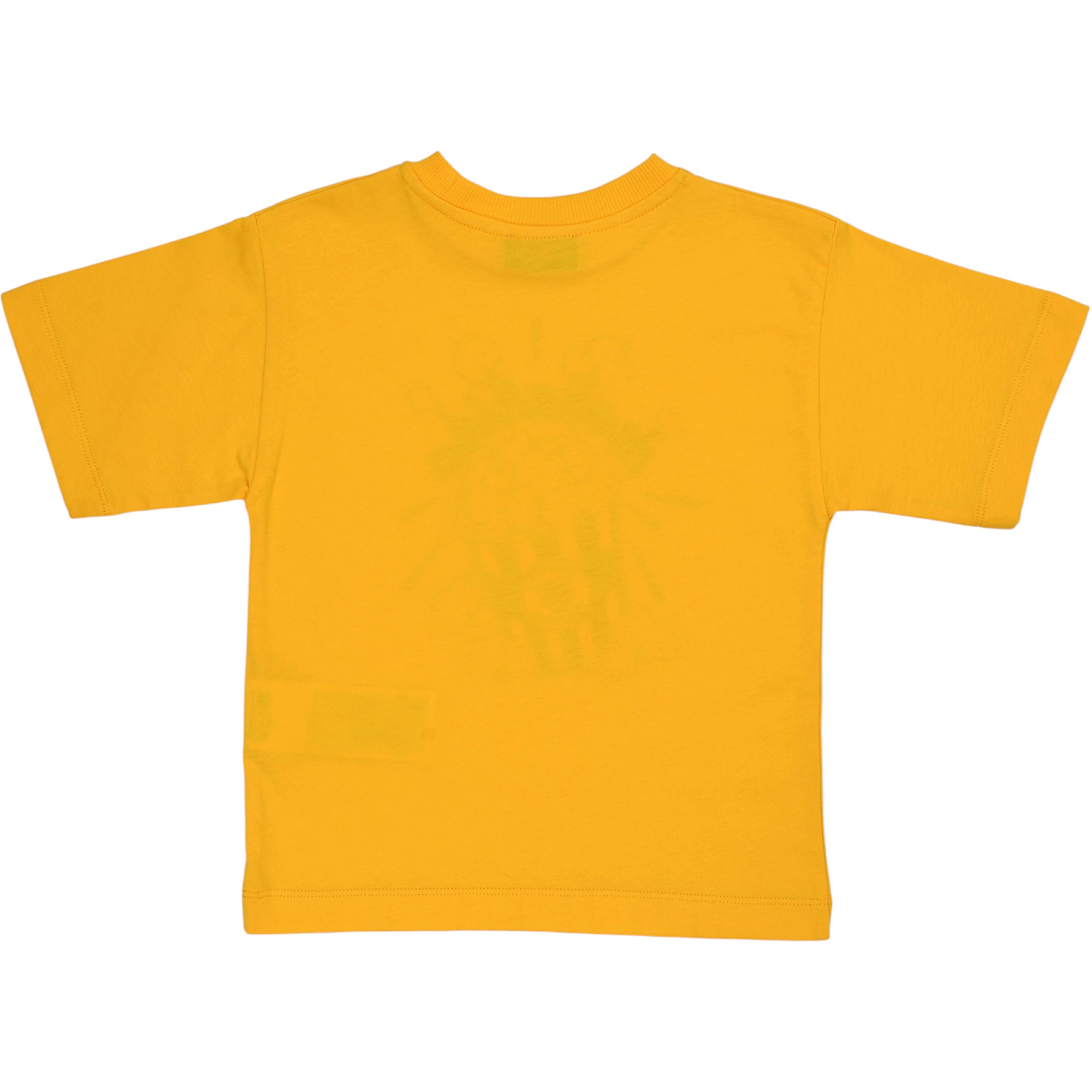 Yellow short-sleeve t-shirt with a ribbed crew neck and a faint, darker yellow sun graphic on the back.
