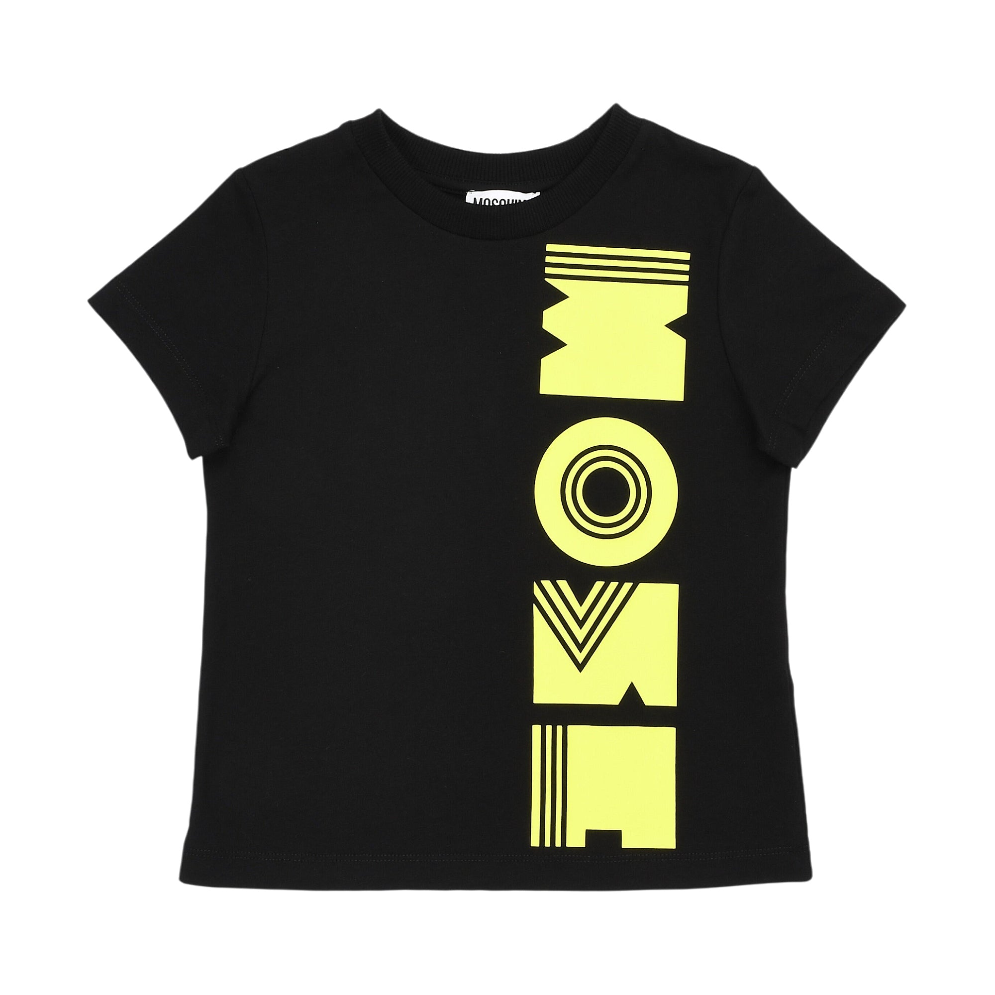 Black Moschino Kids short-sleeved T-shirt with a bright yellow vertical geometric graphic print on the front.