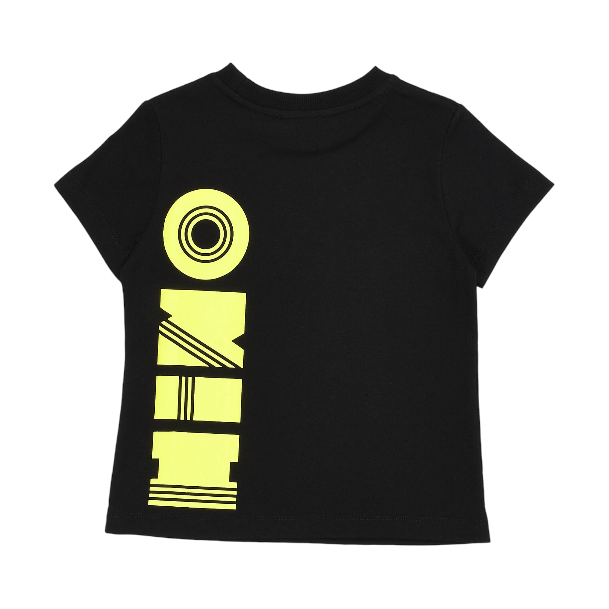 Black short-sleeve crew neck t-shirt with a large neon yellow vertical graphic on the back, featuring abstract shapes and lin