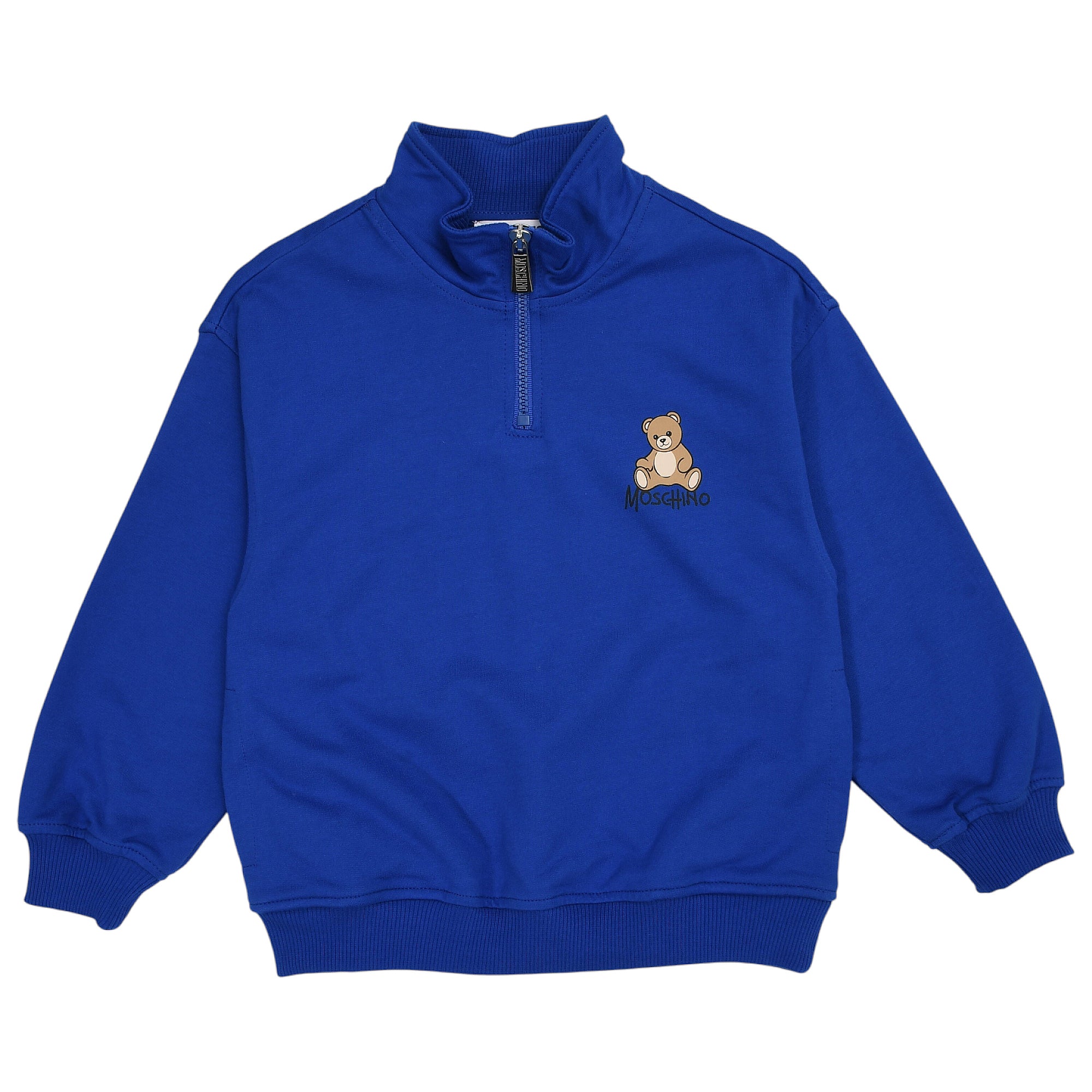 Moschino Kids royal blue quarter-zip sweatshirt with a high ribbed collar, ribbed cuffs and hem, and a teddy bear graphic on