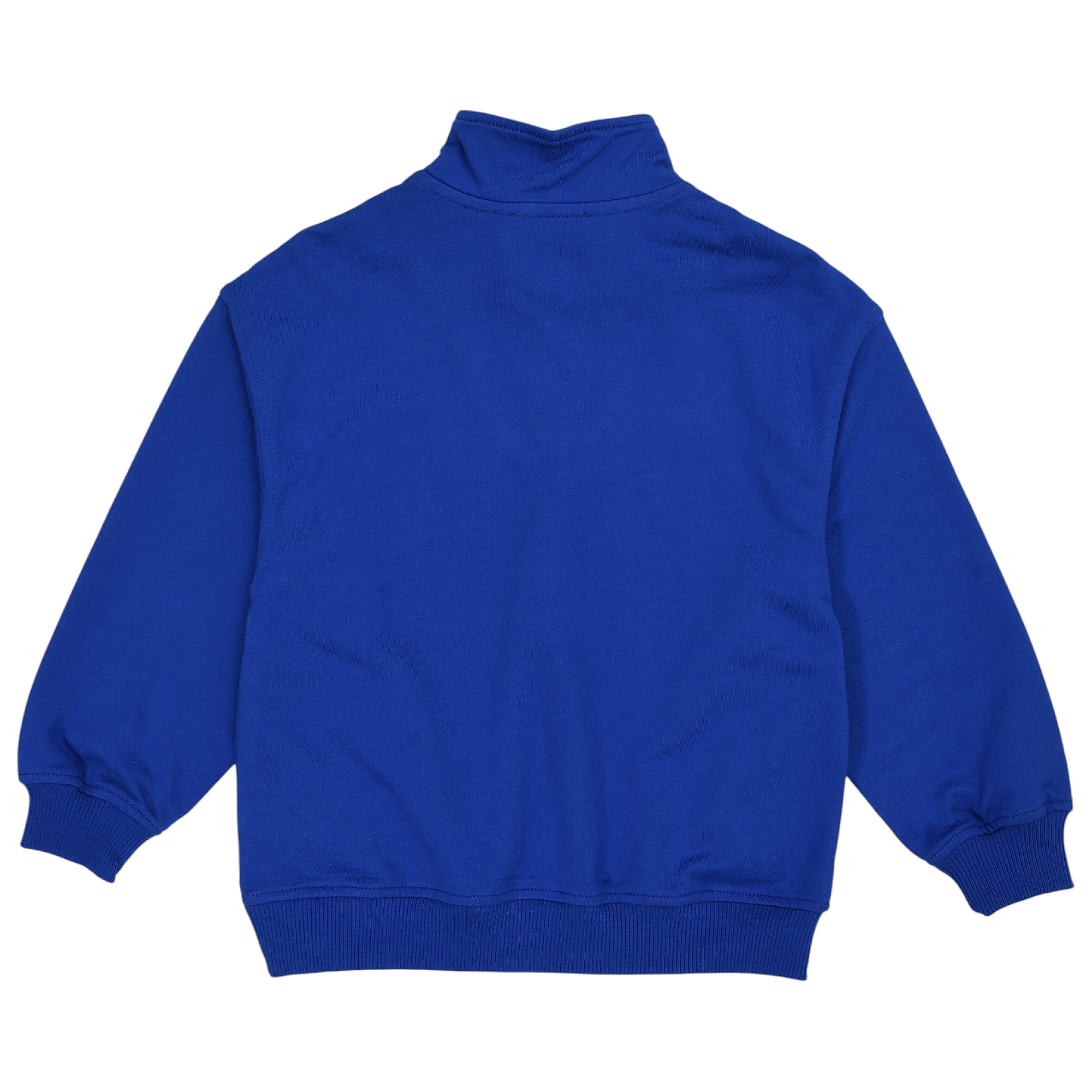 Blue long-sleeved jacket with a mock-neck collar, ribbed cuffs, and ribbed hem, viewed from the back.