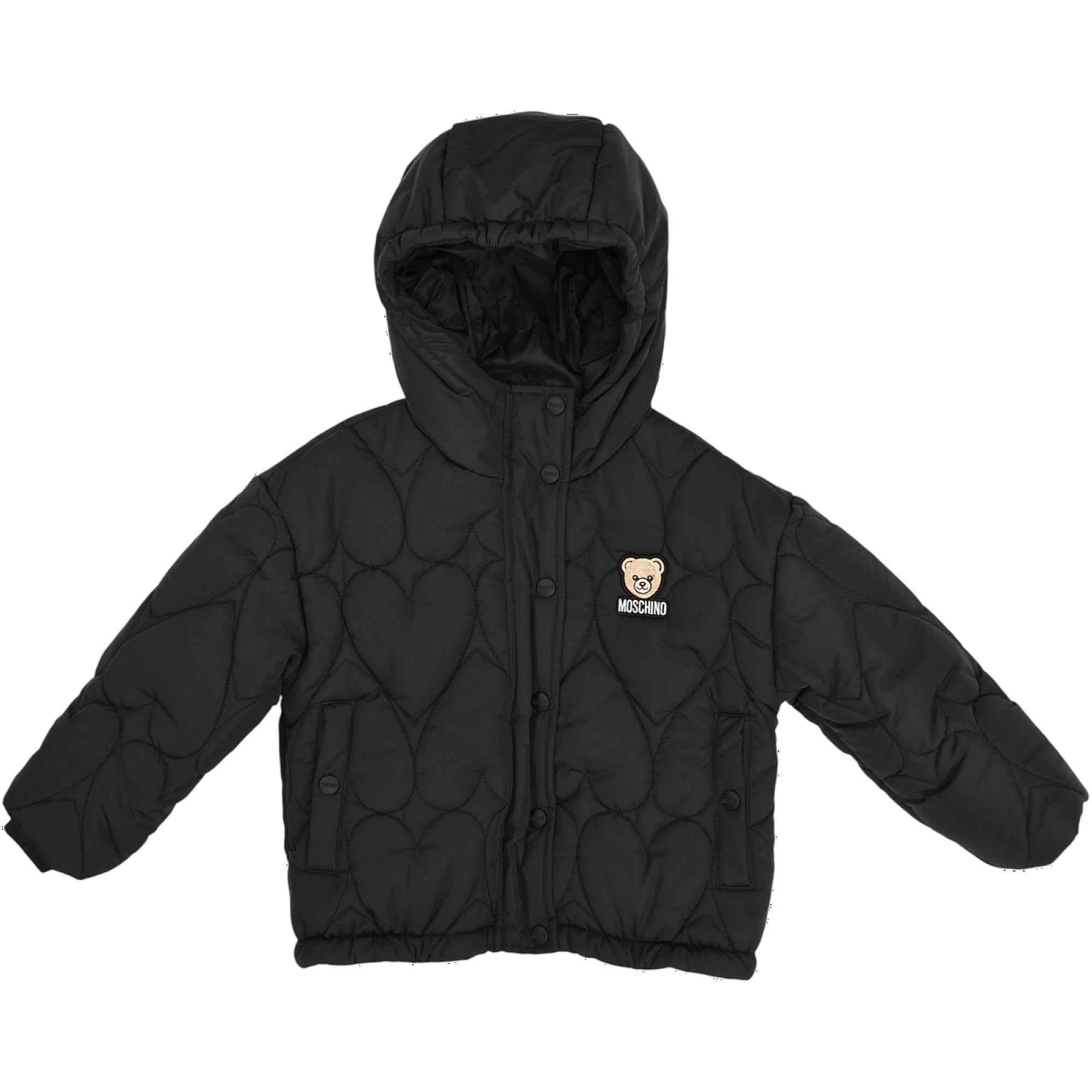 Black hooded quilted jacket for kids, featuring an all-over heart pattern and a Moschino teddy bear logo on the chest.