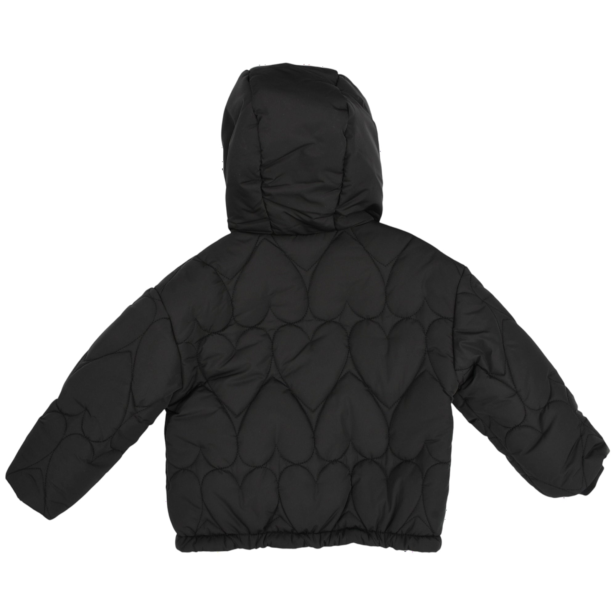 Black hooded padded jacket with all-over heart-shaped quilting and an elasticated bottom hem.