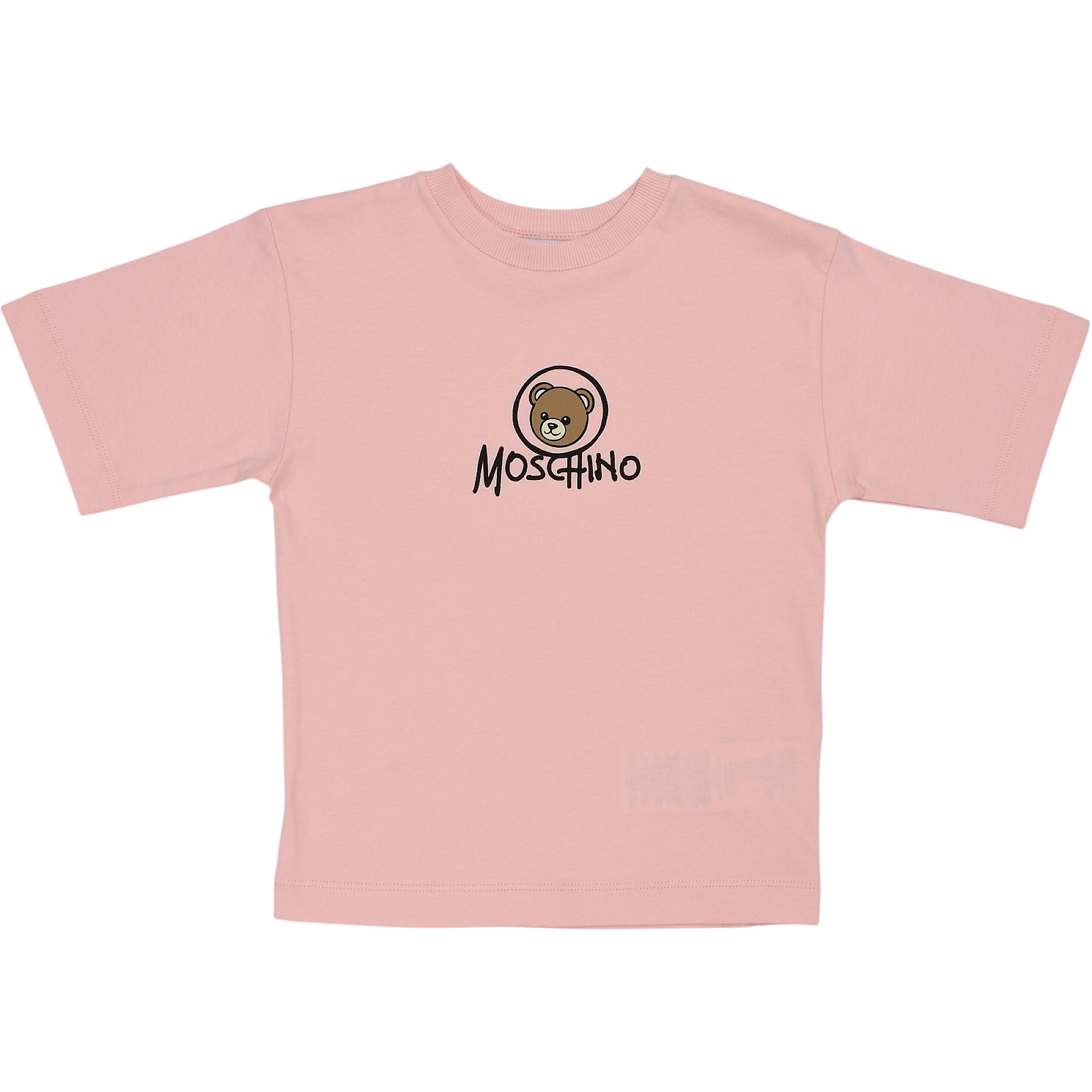 Pink short-sleeved T-shirt with a crew neck and a central graphic print of a bear head and 'MOSCHINO' lettering.