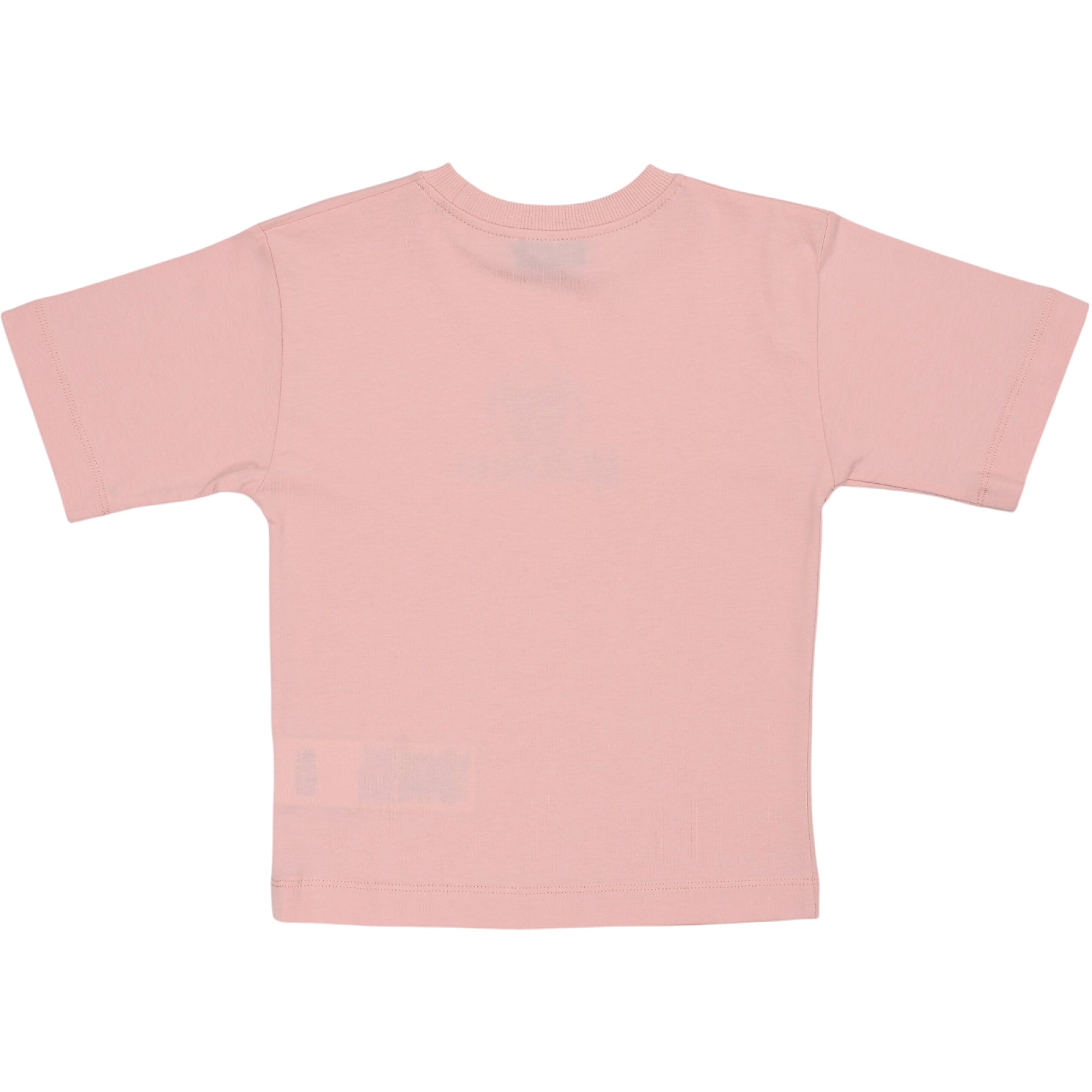 Pink short-sleeve T-shirt with a ribbed crew neck, plain back.