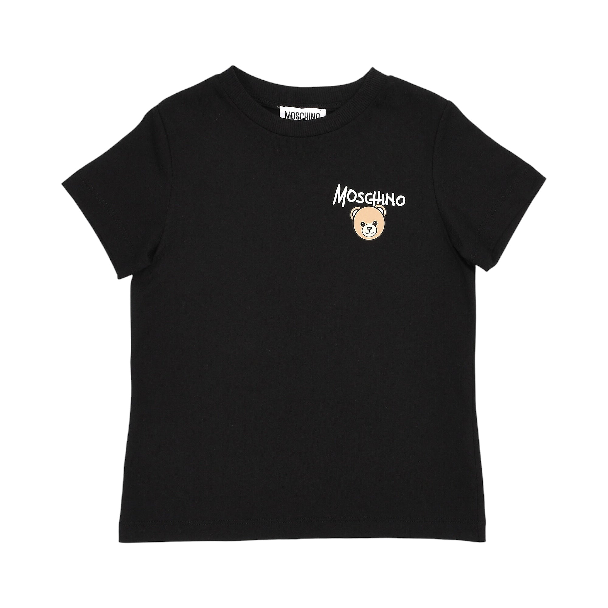 Black Moschino Kids short-sleeved T-shirt with a crew neck and a white Moschino logo and bear head graphic on the chest.