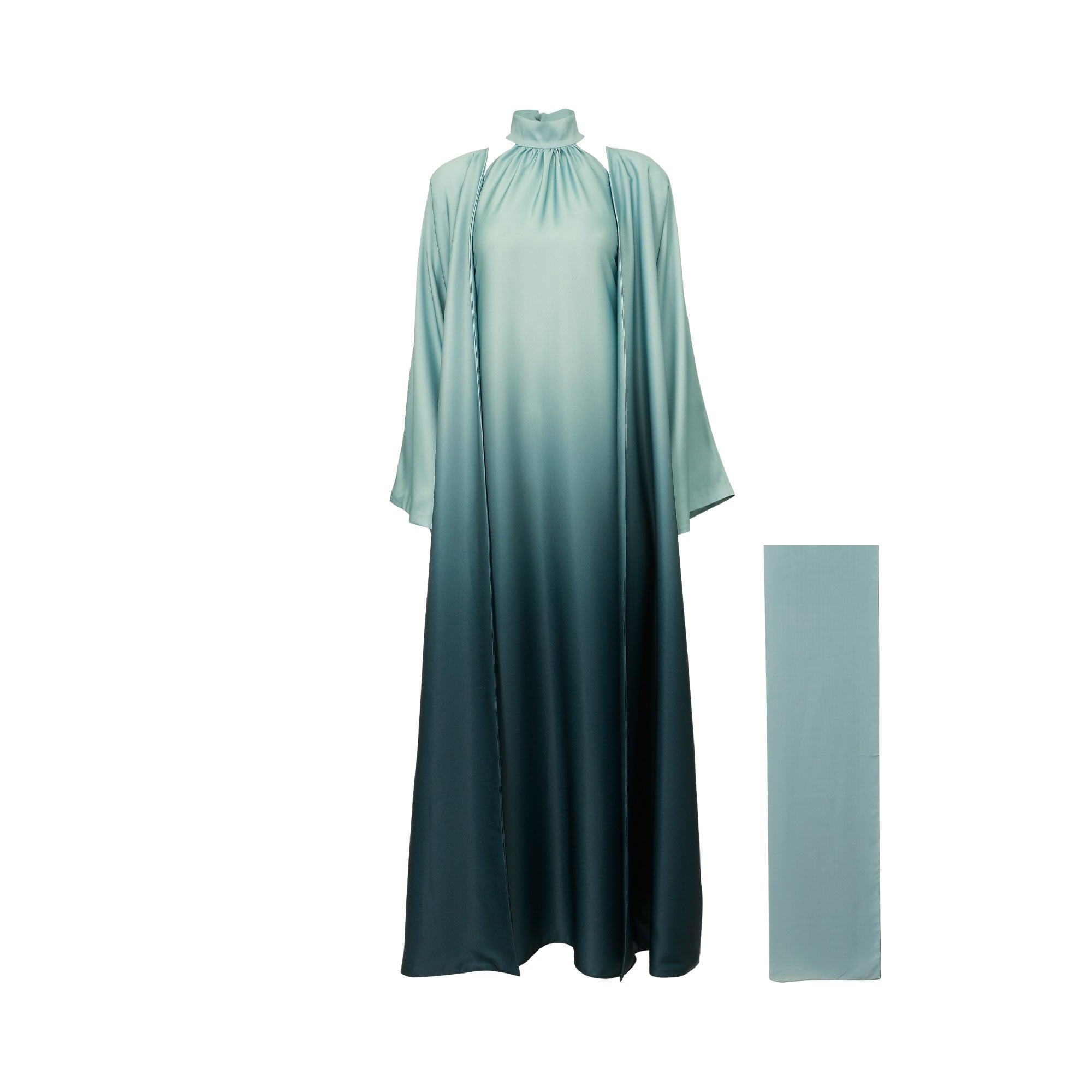 Ombre green abaya with a high ruched neckline and wide sleeves, accompanied by a matching light green rectangular scarf.